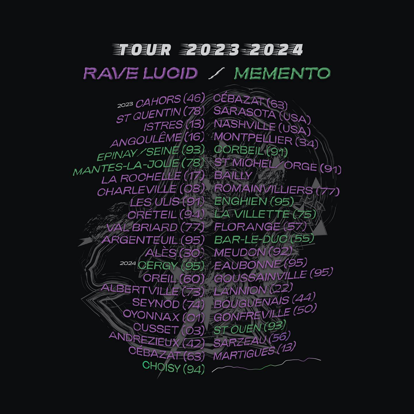 Les dates de la saison 23-24.
Rave Lucid toujours en tournée, avec une première aux US 🤩.
Mémento qui sortira le 19 oct prochain, c’est déjà complet dans certaines villes, donc n’hésitez pas à réserver au plus vite.
Un nouveau merch sera disponible sur les dates de la tournée.
🌞