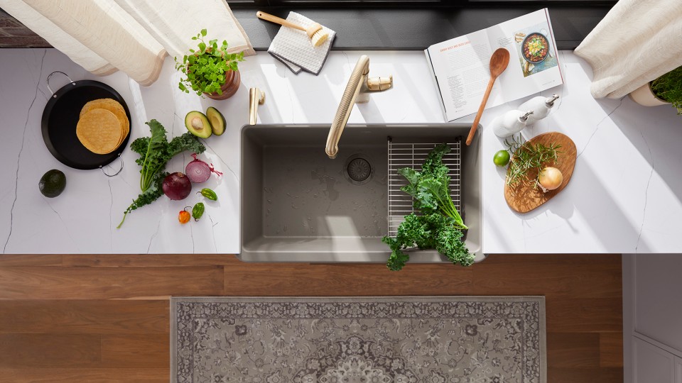 CUSTOMIZE WITH COLOR: Mix and match the faucet finish with a nature-inspired hue for a harmonious BLANCO UNIT that is uniquely yours. #BLANCO’s SILGRANIT sink #color palette ranges from white to black and includes new Volcano Gray and Soft White. #mixandmatch #kitchendesign #BLANCOsinks #BLANCOfaucets