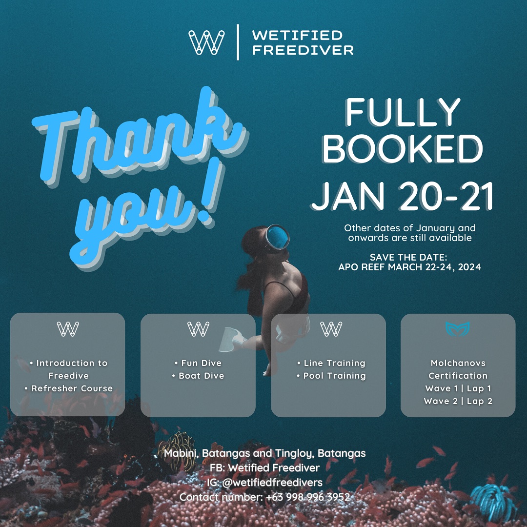 Thank you and see you on January 20-21 for our second anniversary ??
All other dates are still open‼️
SAVE THE DATE: March 22-24, 2024 APO REEF ADVENTURE ?️
Learn how to freedive, train, and get certified with Wetified Freedivers! ?
‼️OPEN TO NON-SWIMMERS ☺️
UPCOMING EVENTS
JANUARY 14-15, 20-21 (2nd Anniversary), 21-22, 27-28, 28-29, and...
WEEKDAY SCHEDULES ARE ALSO AVAILABLE ‼️
Introduction to Freedive • Intro Refresher • Fun Dives • Boat Dive • Line Trainings • Pool Trainings • No Fins Training • Molchanovs Certifications
WHY JOIN WETIFIED FREEDIVERS?
✅ Quality handling of students with coaches handling up to 4 students (max 5)
✅ Events are handled by Certified Molchanovs Freedivers and guided by a Certified Molchanovs Freedive Instructor
✅ Early check-in and late check-out allowed
✅ Affordable freedive packages are available
✅ Open to non-swimmers, solo joiners, couples, and groups
✅ FREE Photos and Videos
?: @the.christian.cee