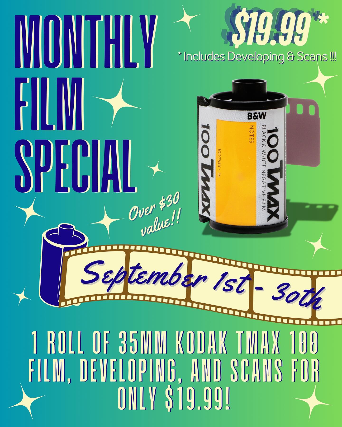 September is here and so is our film of the month sale!
Hurry in and grab this roll before they’re gone ?️?
#creativephotoanddigitalimaging #filmdeveloping #kodakfilm #blackandwhitefilm #100tmax #monthlysale #photolab #swflbusiness
