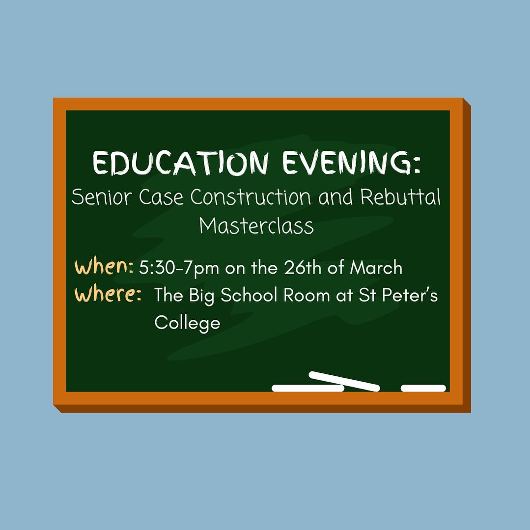 As we get closer to the first round of the season, we invite any and all debaters in Intermediate A, Senior B and Senior A to attend this masterclass, where a coach of the state team will lead an interactive discussion on how best to develop cases and prepare for rebuttal in a secret topic setting.
Give your team the best chance of success by coming along 26th to develop and hone your skills as an advanced debater!
There is no registration for this event.
For any questions please email education.sada@gmail.com
We look forward to seeing you there!
#SADA #Debating #SADebating