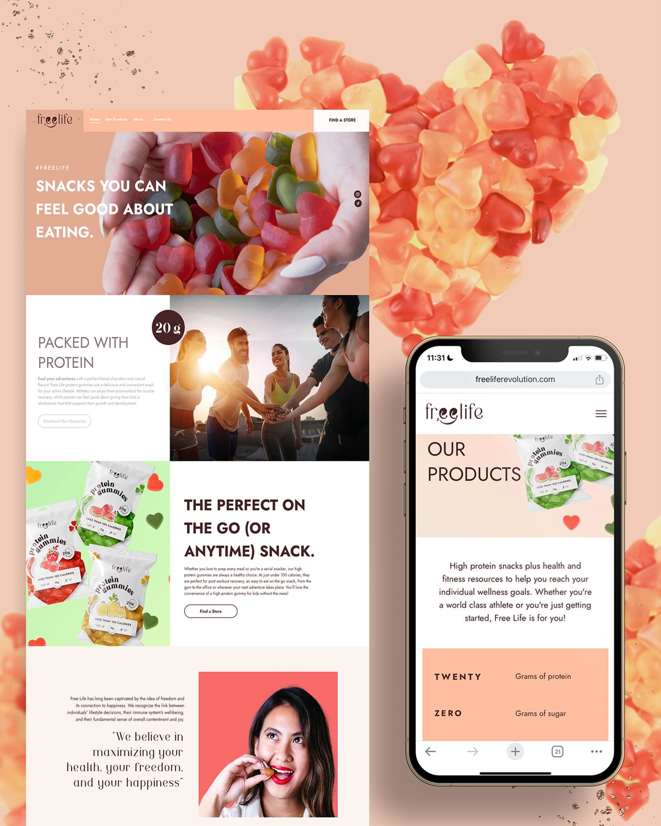 Next week I’ll be working to build out the “find a store” page on this site because FreeLife gummies are now available in a variety of countries and stores, and adding more every month! ❤️ I love seeing a brand grow and my sites are designed to help you do just that. Stay tuned for more... I’m sure this is just the start! ?
#branddesign #healthfood #highproteinsnacks #proteingummies #brandidentitydesign #logodesign #webdevelopment #webdesigner #brandconcept #websitedesigning #businessgrowth #growthmindset