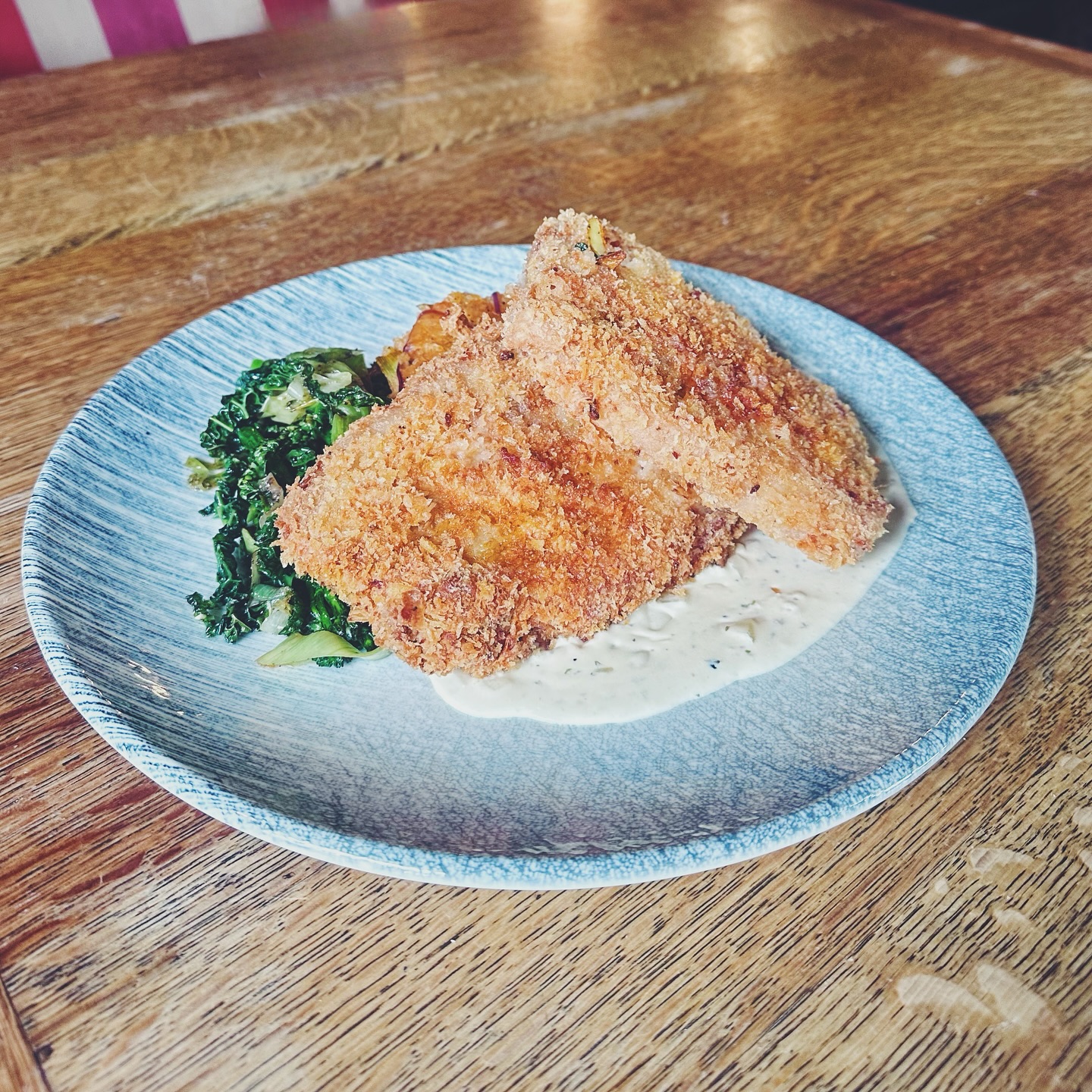 Our daily special! Pork schnitzel with bubble & squeak, greens and creamy white wine sauce ?