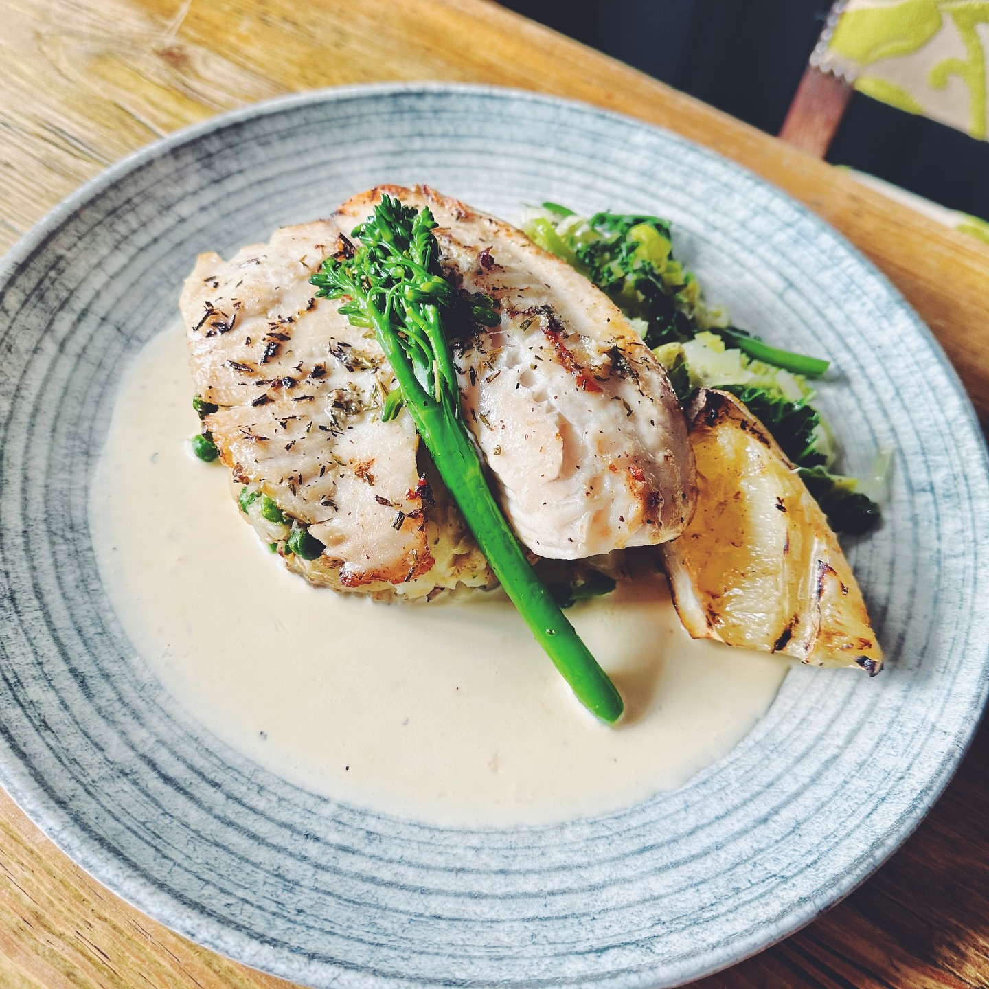 Our new daily special! Pan seared tilapia fillet, served with crushed new potatoes & peas, greens and a creamy white wine sauce ?
Be quick for this one, it’s only here for a limited time! ?