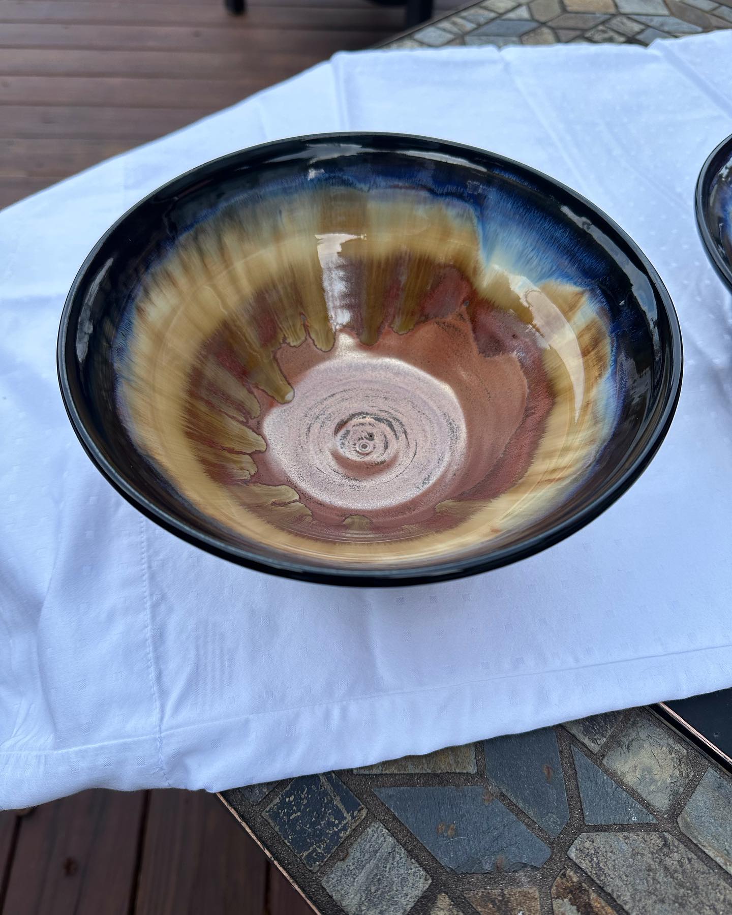 Oh how I love glazes! Obsidian x3 on the rim, Mayco light flux under that. Ancient copper x3 on the rest and covering the light flux. Laguna bmix cone 6
