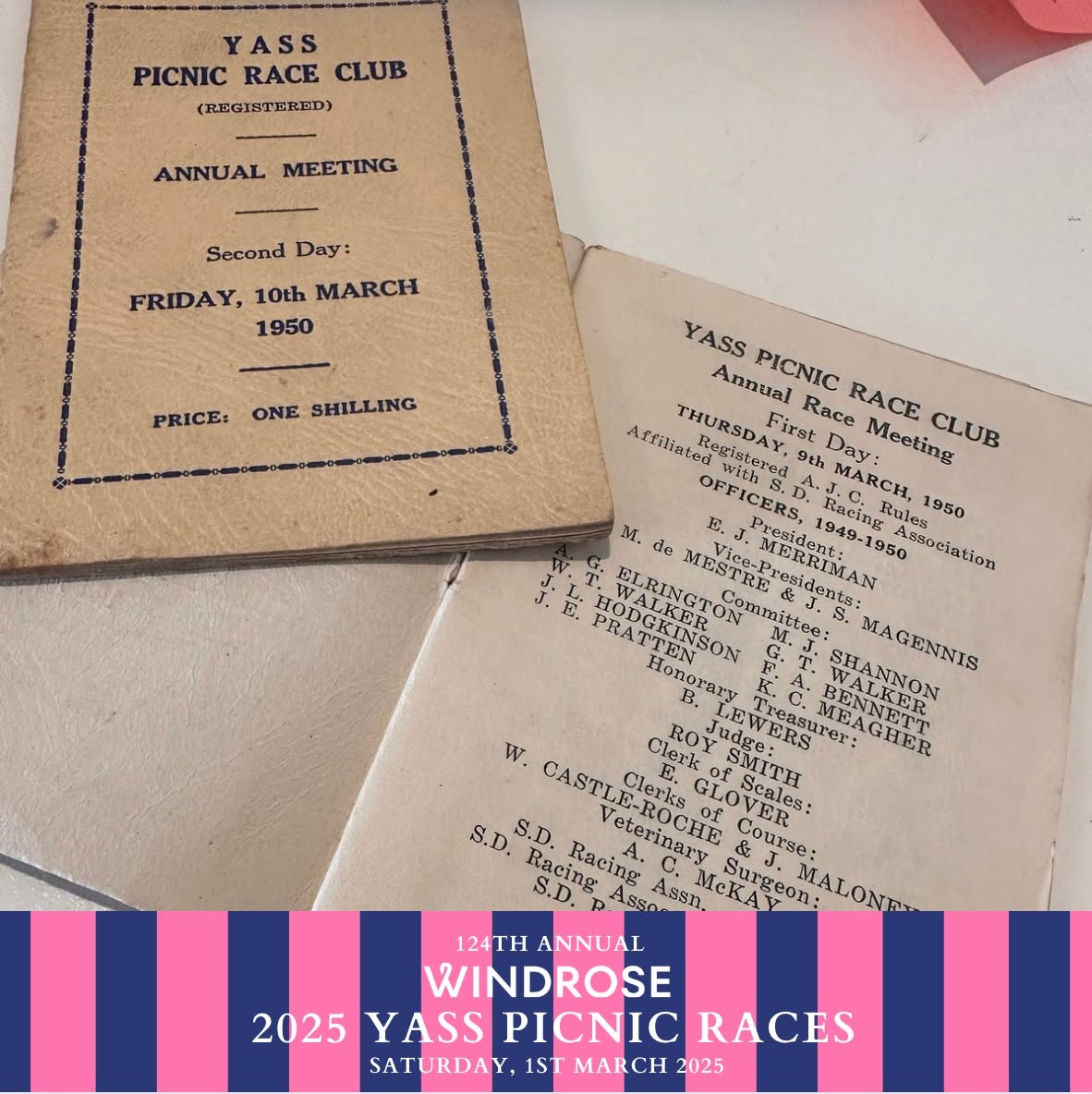 Established in 1901, the Yass Picnic Race Club is proud to stand among the oldest picnic racing clubs in New South Wales, dedicated to preserving the traditional spirit of picnic racing.
We were delighted to receive these vintage 1950s race booklets from a dear friend of the club, and it was truly special to flip through the pages, recognise familiar names, and celebrate how far we’ve come.
Want to be part of our next chapter? Tickets for the 2025 Yass Picnic Races are now available! Head to yasspicnicraces.com.au and secure your spot for an unforgettable day at the track.
#WindoseYassPicnicRaces #YasPicnics2025 #yasspicnicraces #races #yass #entertainment #fashionsonthefield #horseracing #ruralraces #nswraces