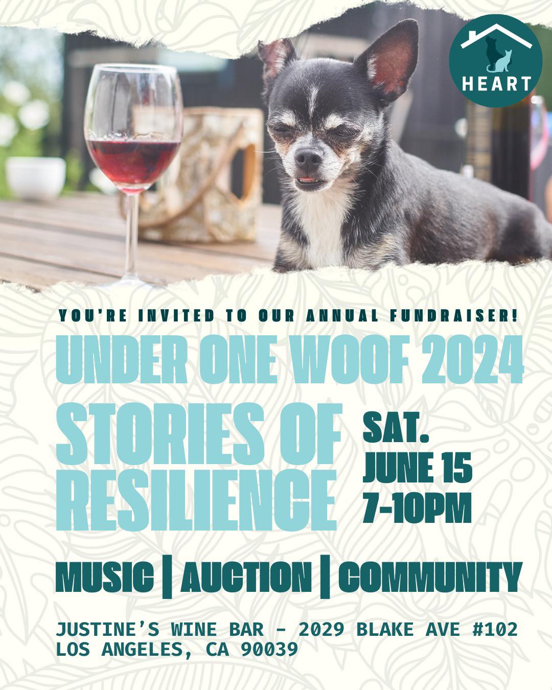 We are excited to invite you to our annual "Under One Woof" fundraiser on Saturday, June 15 from 7-10pm at @justineswinebar ! This year, we are shining a spotlight on the stories and voices of our resilient clients. This is an evening you won’t want to miss of great people, entertainment and community spirit! 🎶🍷🍴 If you can't join us in person, please consider donating an item to our auction or donating directly to HEART LA. Your support makes a significant difference! Visit the link in our bio to save your spot today!