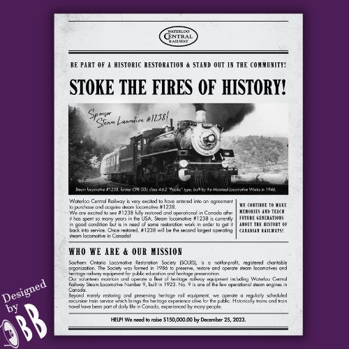 ๐ Thank you @waterloocentralrailway for "choo choo choosing" me to design this flyer! ๐
WCR is currently fundraising to help with the restoration costs of the 1946 steam locomotive #1238. Learn more & help preserve history at waterloocentral.ca
#flyerdesign #graphicdesign #trainhistory #trains #steamlocomotive #steamtrain #steamengine #railwayhistory #steamlocomotive1238 #wcr #pdcrailway #PrairieDogCentral #railfan #trainsofinstagram #waterloocentralrailway