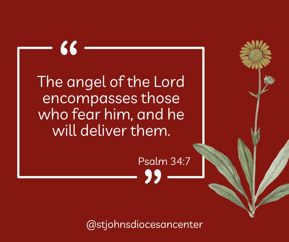 Here is today's versicle, let's all reflect on it and share it with our loved ones.
Spanish: El ángel del Señor rodea a los que le temen, y él los librará.
#saintjohn