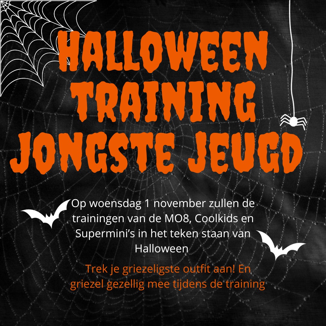 Op woensdag 1 november is er een Halloween training voor de Jongste Jeugd! De Supermini's, Coolkids en MO8-1 mogen griezelig gekleed komen naar de training en de oefeningen staan in het teken van Halloween ? Aan melden is niet nodig! ?