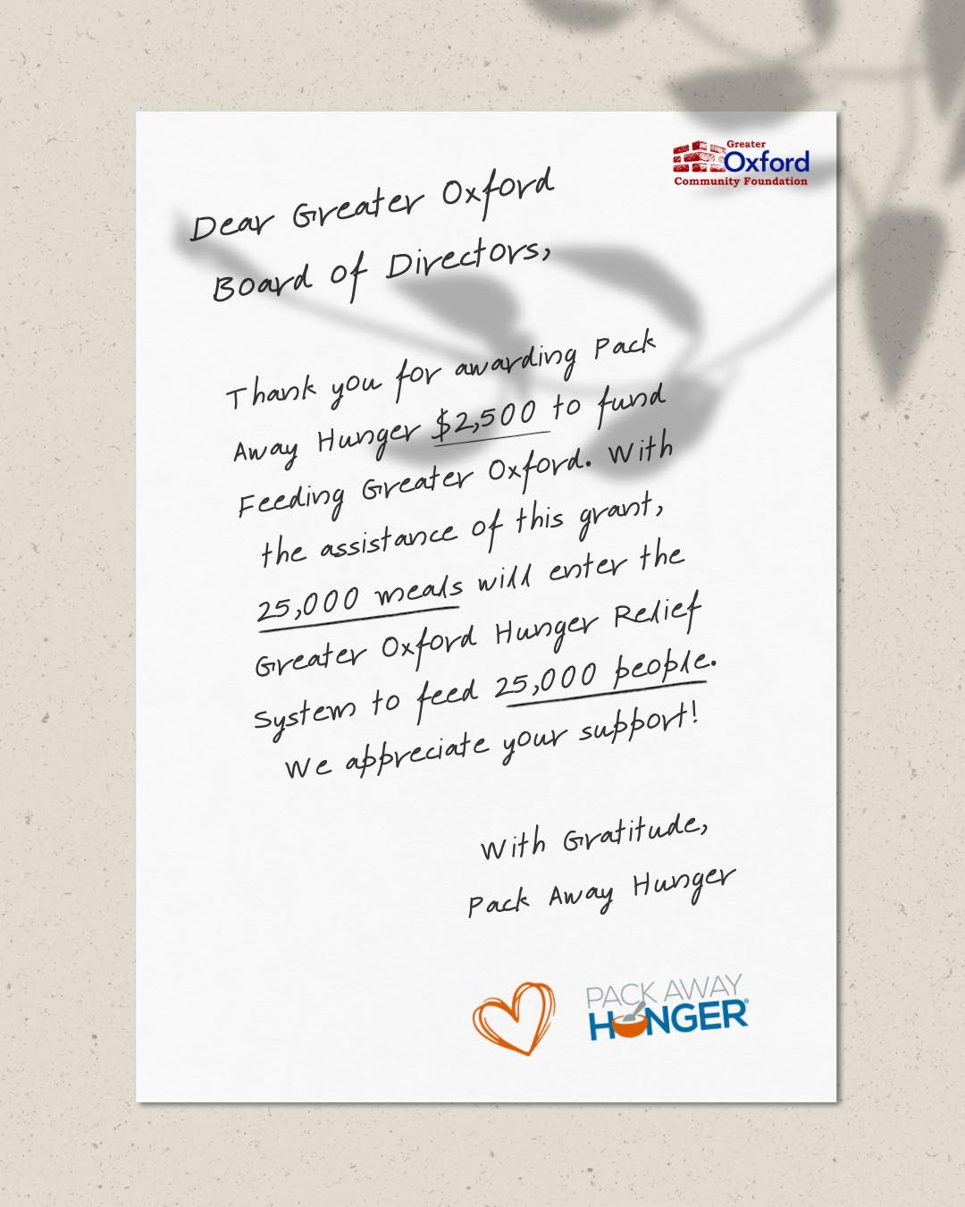 We always love receiving letters of gratitude from our grant recipients! ?
Thank you to Pack Away Hunger for your kind words. Together, we have the incredible opportunity to feed 25,000 people. ?️
#pavingtheway #grantmaking4good #givewhereyoulive #greateroxfordcommunityfoundation