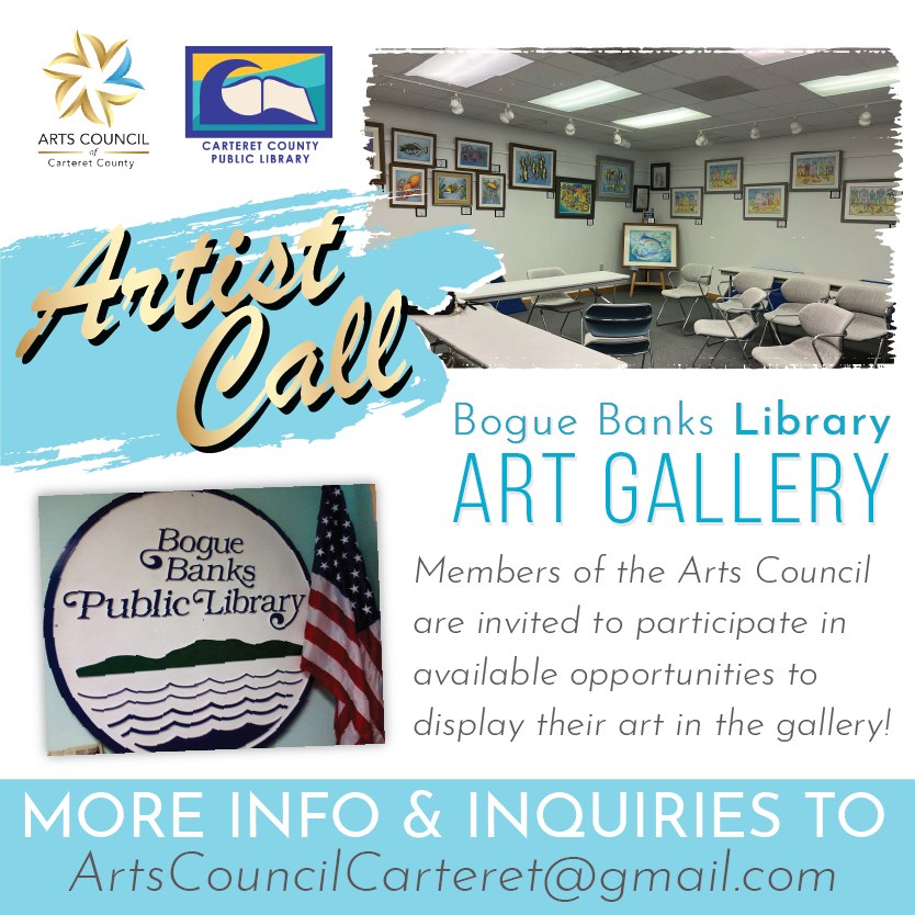 🎨 ATTENTION ARTISTS! The Arts Council of Carteret County partners with Friends of the Bogue Banks Public Library to display art at the Bogue Banks Public Library Gallery! 🖼 We continually seek ACCC member artists who would like to participate! 👩🎨
Interested in having your artwork featured? Send questions or inquiries via email to artscouncilcarteret@gmail.com 📧
📷: Friends of the Bogue Banks Public Library Facebook Page
#artscouncilofcarteretcounty #boguebanksnc #crystalcoastnc #artistcall #artaroundtown