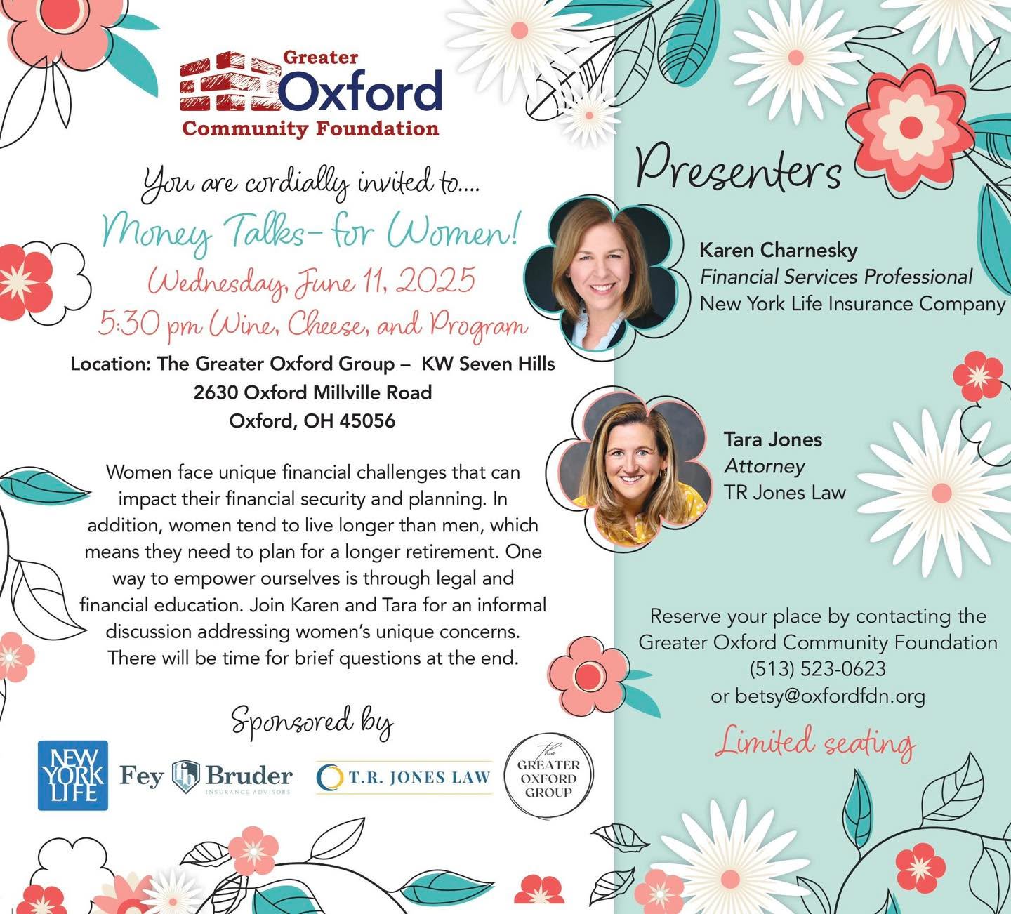 SAVE THE DATE!
The Greater Oxford Community Foundation cordially invites you to “Money Talks—for Women,” a finance panel designed to educate, empower, and inspire women to take charge of their financial well-being!
?️ Wednesday, June 11
⏰ 5:30 PM
?The Greater Oxford Group
We can’t wait to see you there!
#pavingtheway #grantmaking4good #givewhereyoulive #greateroxfordcommunityfoundation