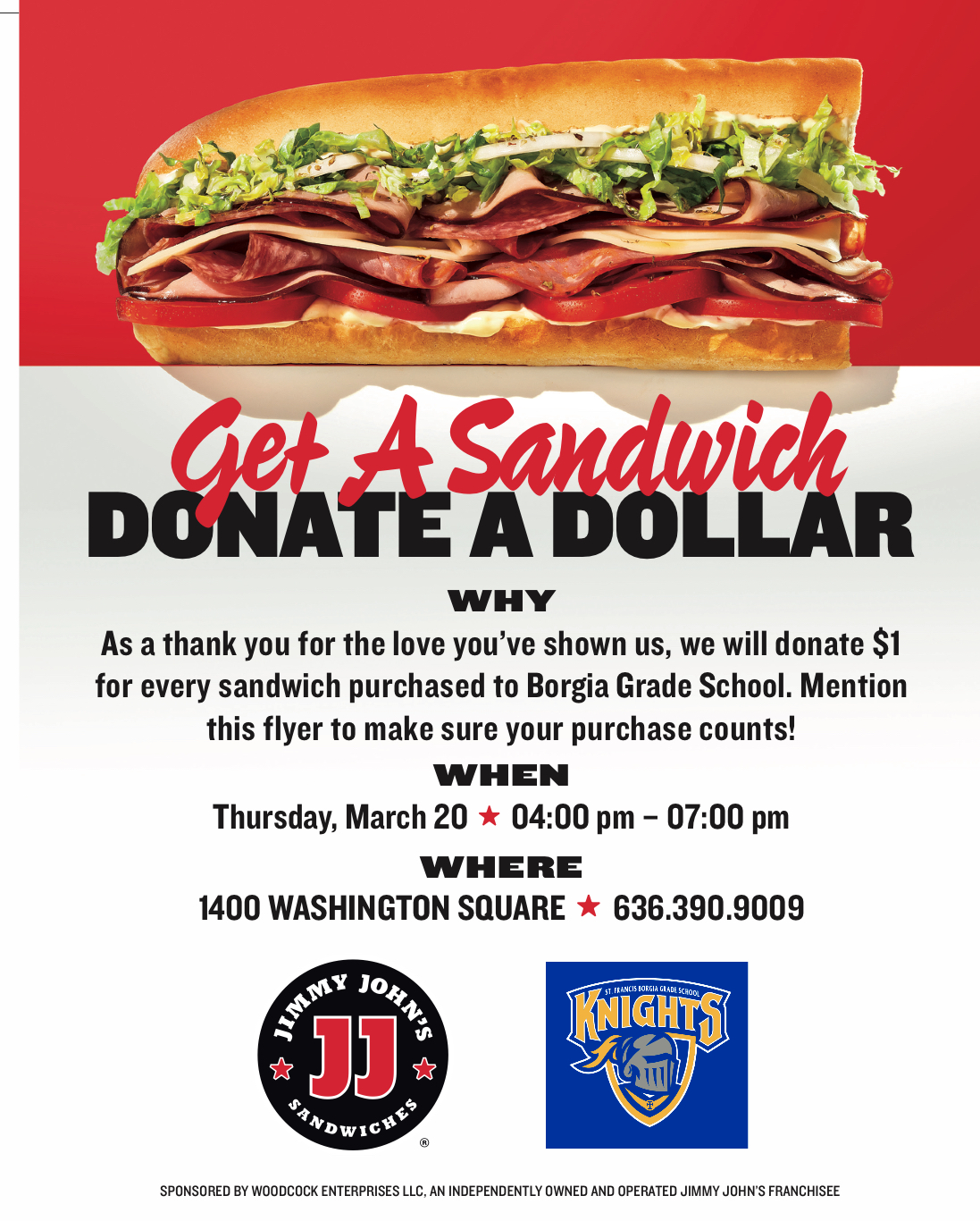It’s been a busy week—is anyone else feeling that? Take one thing off your plate (literally!) and let Jimmy John’s Dine to Donate handle Thursday night’s dinner. Support Home & School while enjoying a meal—easy and delicious!
Also, here's a quick update: Home & School’s meeting, originally scheduled for tonight, Tuesday, March 18th, has been postponed until next week, so stay tuned for details in this week’s Friday folder.