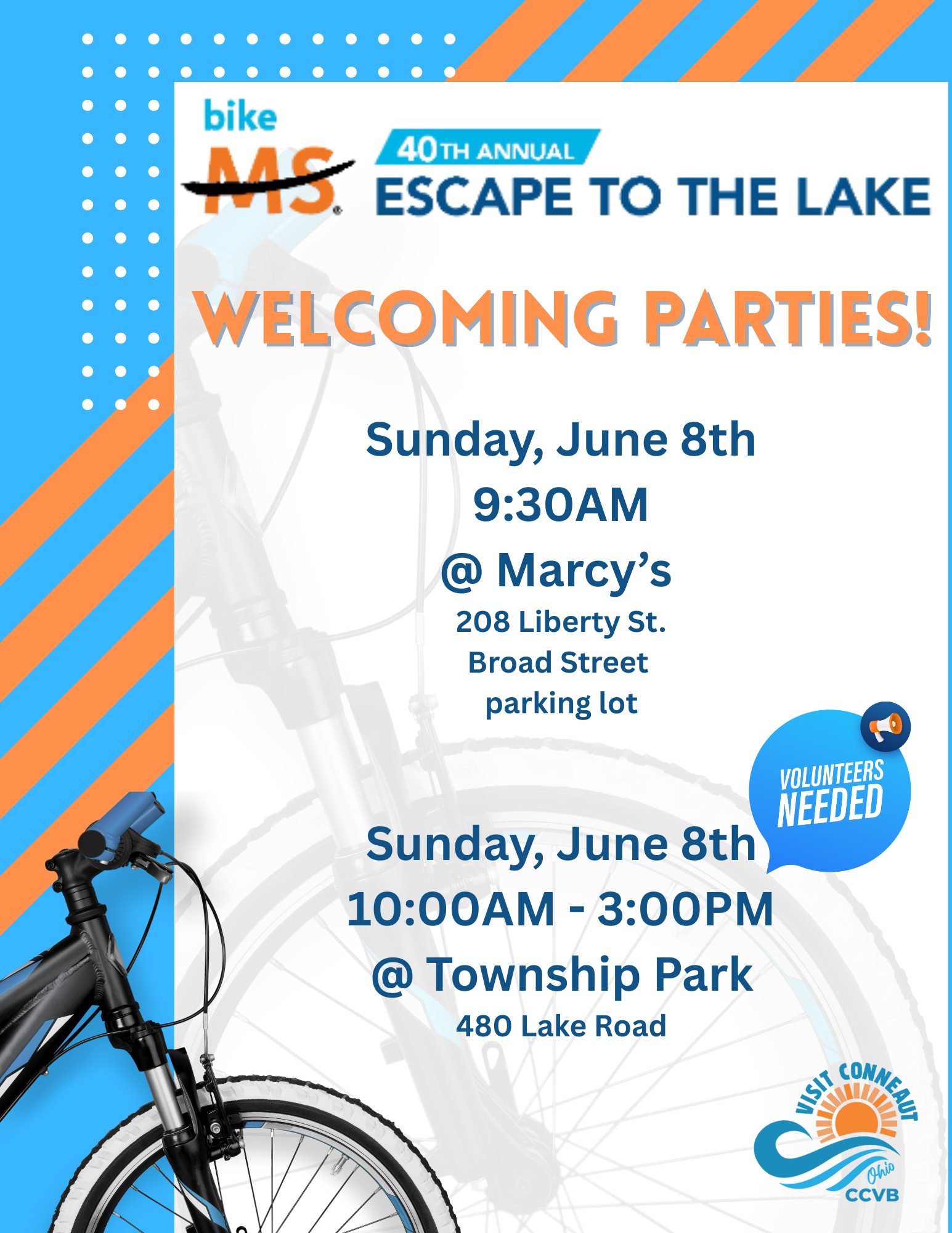 🚴The 40th Annual Bike MS Escape to the Lake is fast approaching!🚴♂️
The finish line ends at Lake Erie right here in Conneaut Ohio!
Join us in welcoming the bicyclists on Sunday, June 8th at Marcy's Funeral Home parking lot where we will gather to cheer on the cyclists and enjoy a little food. After you can head down to Township Park pavilions where friends, family, and, community members will welcome riders and celebrate at the finish line! The MS Society will be recognized with a proclamation from the City of Conneaut recognizing their 40th anniversary, the RED HATS will give out medals, the CCVB will have a welcome table with information about Ashtabula County, and there will be a DJ with music.
We are looking for volunteers to help out at Township Park between 10:00AM - 3:00PM.
If interested please email ccvb44030@gmail.com.