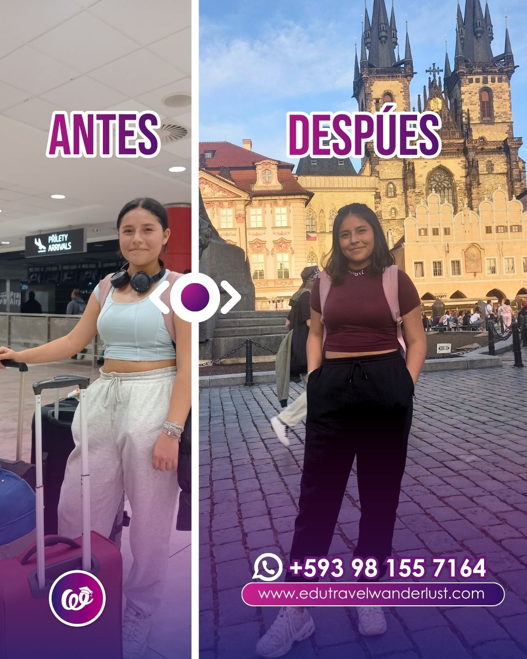✨ De Ecuador a Praga ??
Así comenzó la aventura de Emilia, una valiente estudiante que decidió transformar su vida viajando a la República Checa con Wanderlust ?✈️
? ANTES: Llena de ilusión, lista en el aeropuerto
? DESPUÉS: Viviendo su sueño en el corazón de Europa ❤️
Estudiar en el extranjero no es solo una meta, ¡es una experiencia que te cambia para siempre! ?
? ¿Tú también quieres vivirlo?
Escríbenos y empieza tu camino hoy.
? +593 98 155 7164
? Quito – Av. Mariana de Jesús E4-39 e Italia
? www.edutravelwanderlust.com
? #EstudiarEnEuropa #RepúblicaCheca #DeQuitoAMisSueños #EstudiaConWanderlust #HistoriasQueInspiran #ViajarYEstudiar #CambioDeVida #WanderlustEstudios #EmiliaEnPraga #EstudiantesEcuador
