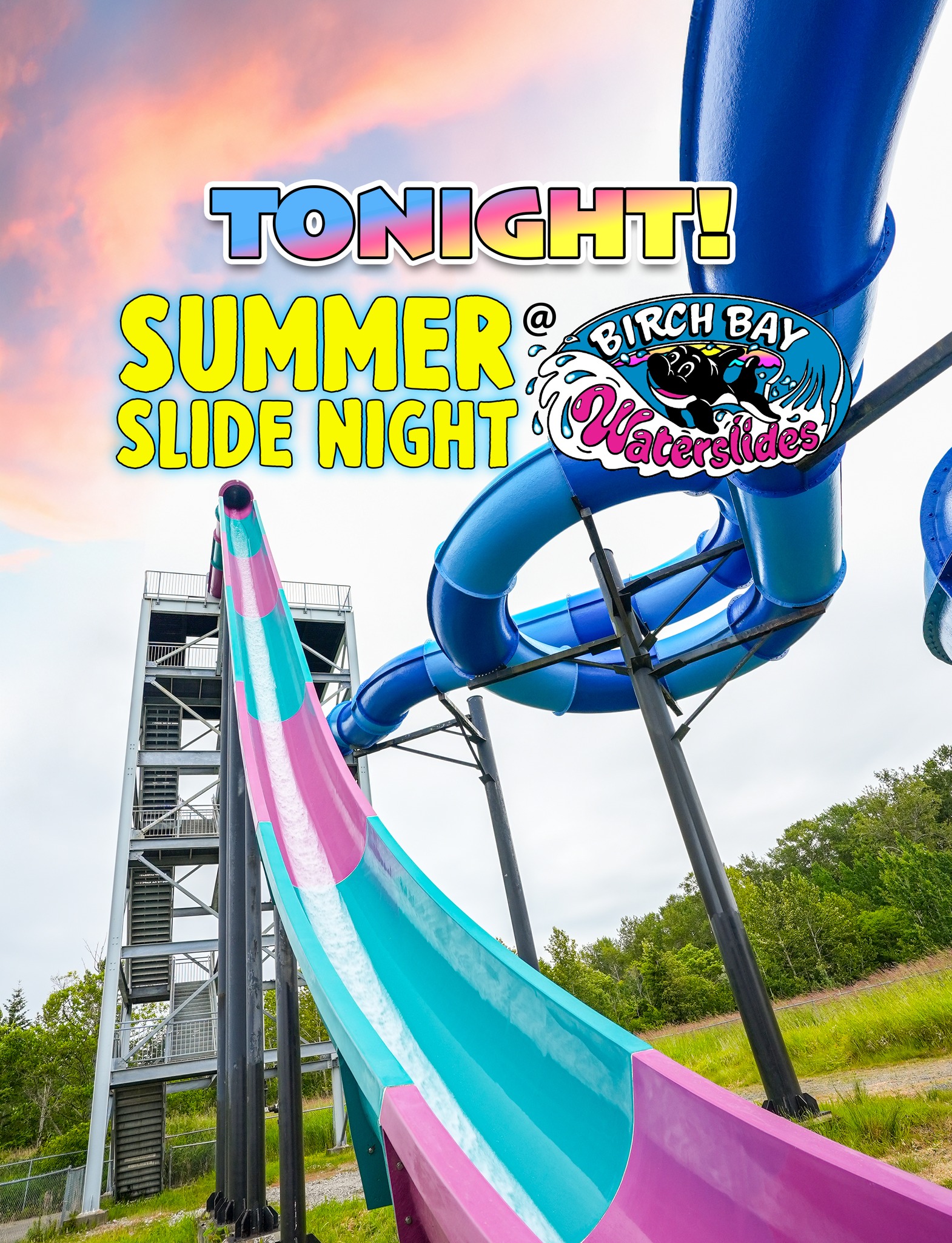 Summer Slide Night is TONIGHT!
Join us from 6:00pm - 9:00pm for twilight fun! Tickets are $15 each and will be available at admissions window starting at 6:00pm. See you there! 😎