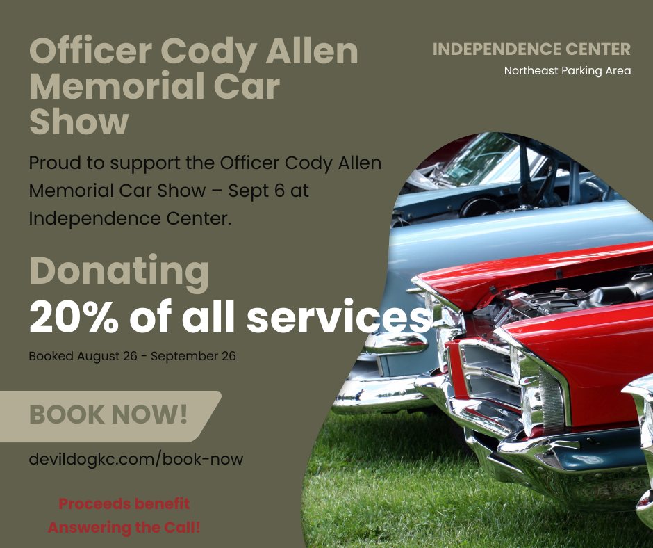 🚓✨ Honoring Officer Cody Allen ✨🚓
Sept 6 • Independence, MO
📅 Book a detail Aug 26 – Sep 26 → 20% donated to Answering the Call 💙
Book now ➡️ devildogkc.com/book-now