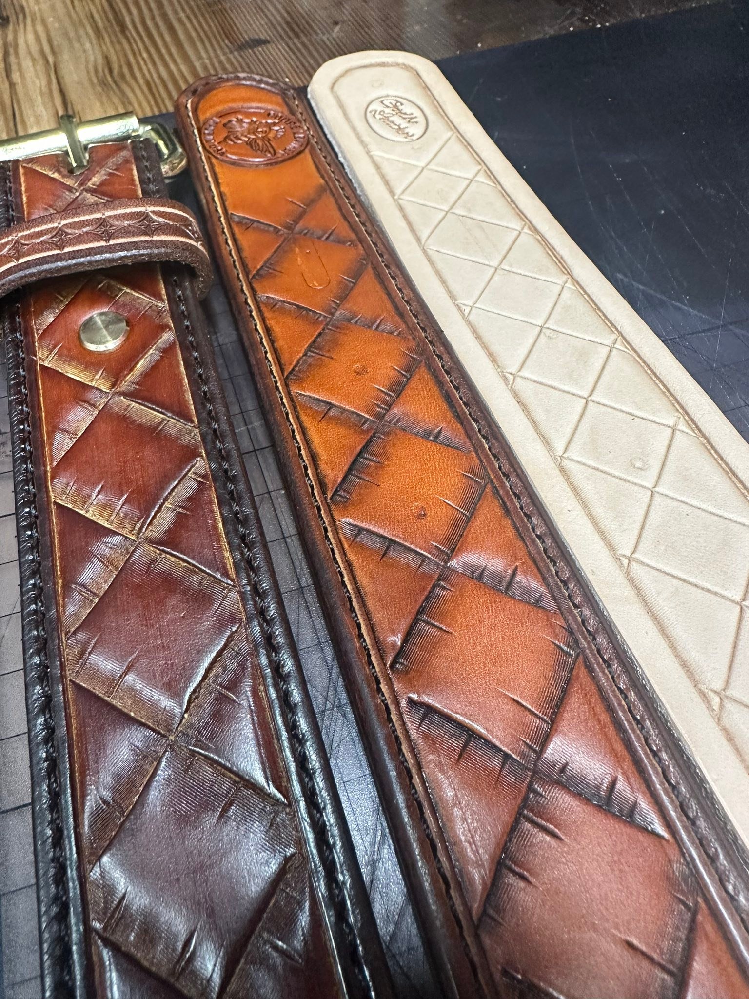 Custom belt shit: hand carved basket weave. 2 down, 1 to go. (unavailable / SOLD).
Price $225.