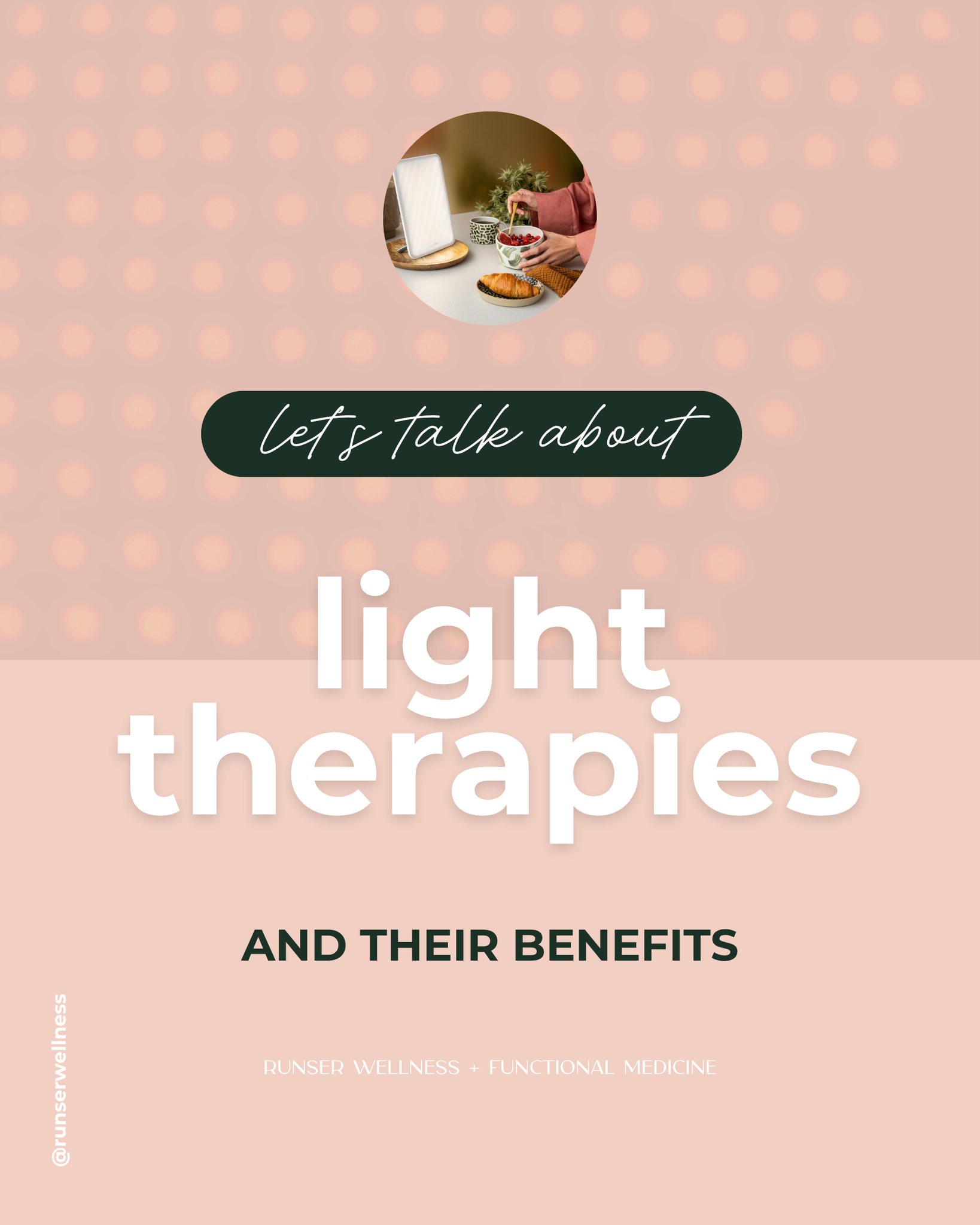 Light therapies, such as red and blue light, can provide a range of benefits that align beautifully with the functional medicine approach of addressing root causes rather than just symptoms.
Here are some benefits of light therapies:
✨ Improved Mood: Blue light therapy positively affects mood and mental well-being by regulating circadian rhythms, helping achieve restful sleep, and reducing anxiety and depression.
✨ Reduced Inflammation: Certain light wavelengths decrease body inflammation, promoting healing and easing pain, especially in chronic or inflammatory conditions.
✨ Support for Hormonal Balance: Light exposure regulates hormones related to sleep and stress, supporting natural rhythms and hormonal balance.
As we explore these therapies, remember they should complement a holistic health approach and work with nutritional and lifestyle changes.
#FunctionalMedicine #LightTherapies #RunserWellness