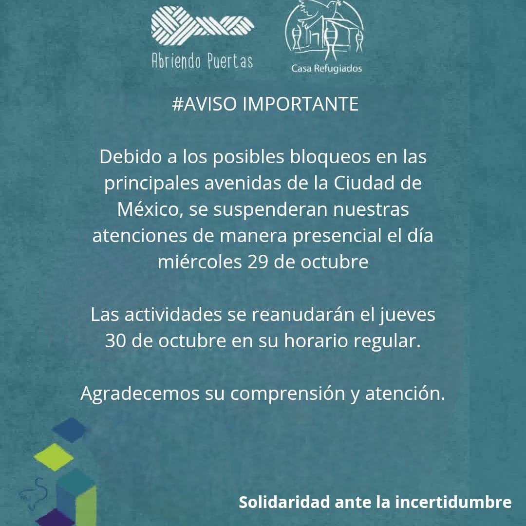 ⚠️ Por motivos ajenos a nuestra organización y ante los bloqueos previstos para mañana, se suspenden las actividades.
Reanudaremos actividades el jueves 30 de octubre.
