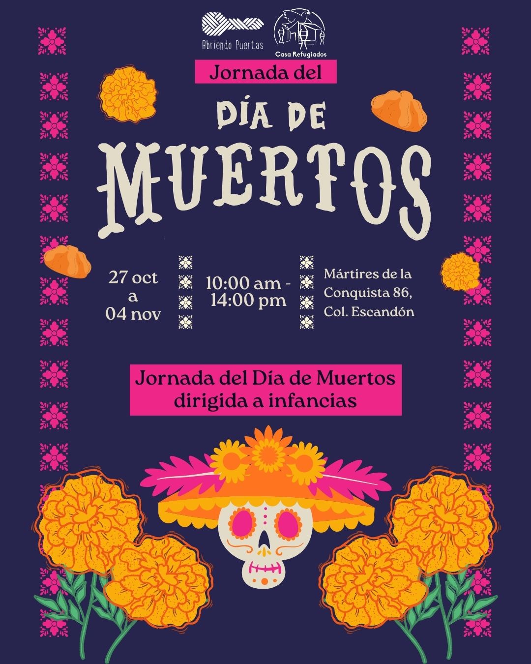 💀🎨 ¡El Día de Muertos también se celebra jugando y creando! 🌼✨
Del 27 de octubre al 4 de noviembre, de 10:00 a 14:00 hrs, te esperamos en Mártires de la Conquista 86, Col. Escandón para disfrutar de una jornada especial dirigida a niñas y niños.
Habrá actividades artísticas, talleres y mucho color para honrar la vida y nuestras tradiciones. 🌈🕯️
¡Ven con tu imaginación y celebremos juntos el poder de la memoria!
📲 Si deseas asistir, confirma tu participación por WhatsApp al +52 55 6003 2087