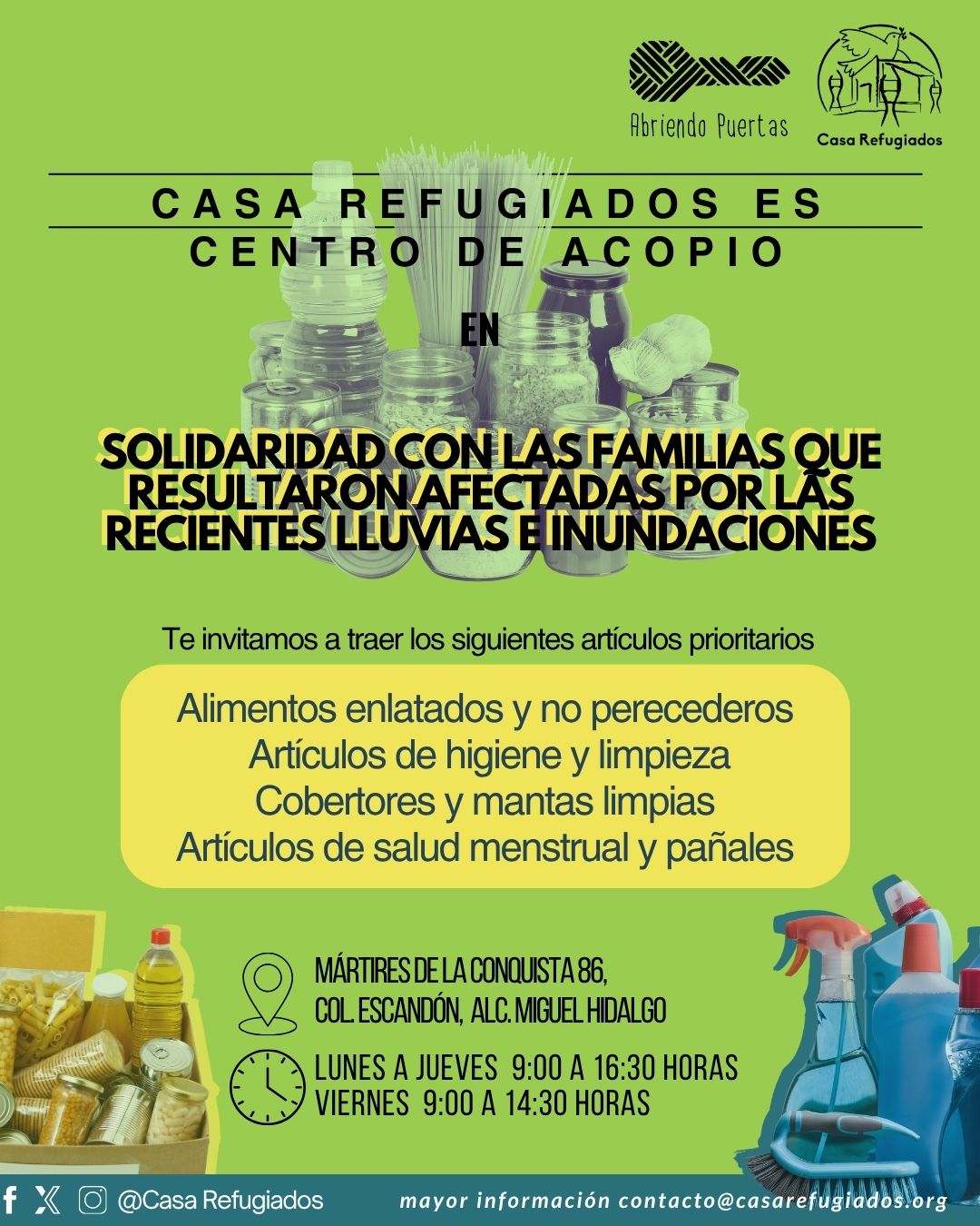 💧 En solidaridad con las familias afectadas por las recientes lluvias e inundaciones, Casa Refugiados se suma como centro de acopio.
📍Recibimos donaciones en nuestras instalaciones.
Tu apoyo hace la diferencia.
#CasaRefugiados #CentroDeAcopio #Solidaridad #ApoyoMutuo #InundacionesMéxico #AyudaHumanitaria #AcciónSolidaria
