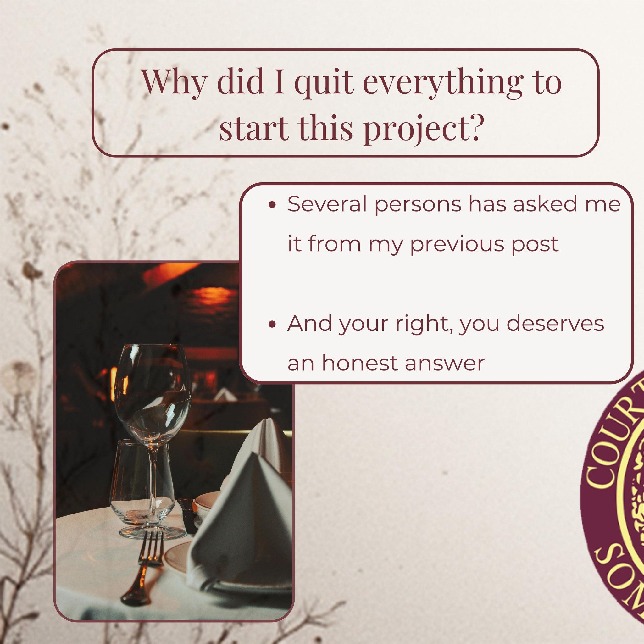 To my community,
Several of you have asked me: "Why did you quit everything to start this project? Why leave behind the industry where you rose and learned everything?"
It's the right question. And it deserves an honest answer.
I love the restaurant industry. It shaped me. As I grew up, I slowly understood that my passion for wine was even more important. This, combined with another love: To share experiences
Share a bottle with friends and family. Share my experience with the next generation. Share my understanding of the wine world with those who are hungry to learn.
These past 10 years studying with the Court of Master Sommeliers and for other competitions have been transformative. I've learned from incredible mentors who gave me everything. And now? Now I understand that it's my turn to give back.
Here are my deepest motivations:
In restaurants, I could touch hundreds of people. With Paroles de Vins, I can create more powerful connections with thousands. I can focus my time on it. I can build real relationships. I can go beyond the wine list and into the stories that matter.
This is my way of reaching everyone who's genuinely curious about wine—whether you're just beginning your journey or you're building a collection that tells your story.
What does this look like?
🍷 Private tastings that educate, not intimidate
🌍 Access to winemakers and their domaines
🎓 Masterclasses designed around YOUR palate
📖 Being a bridge to lesser-known regions and hidden gems
🏛️ Cellar curation that reflects who you are, not what critics say you should drink
I left the restaurant because I wanted to serve you differently. More intentionally. More personally.
If this resonates, drop a comment or like. I'm sharing more details about each service in the coming days.
And if you know someone who's been searching for exactly this kind of wine experience—tag them. Let's build this community together.
Several of you have asked me, "Why did you quit everything to start this project? Why leave behind the industry where you rose and learned everything?"
#WineConcierge #MasterSommelier #WineEducation #WineLovers #WineExperience #sommelierlife #luxurywine #winecommunity