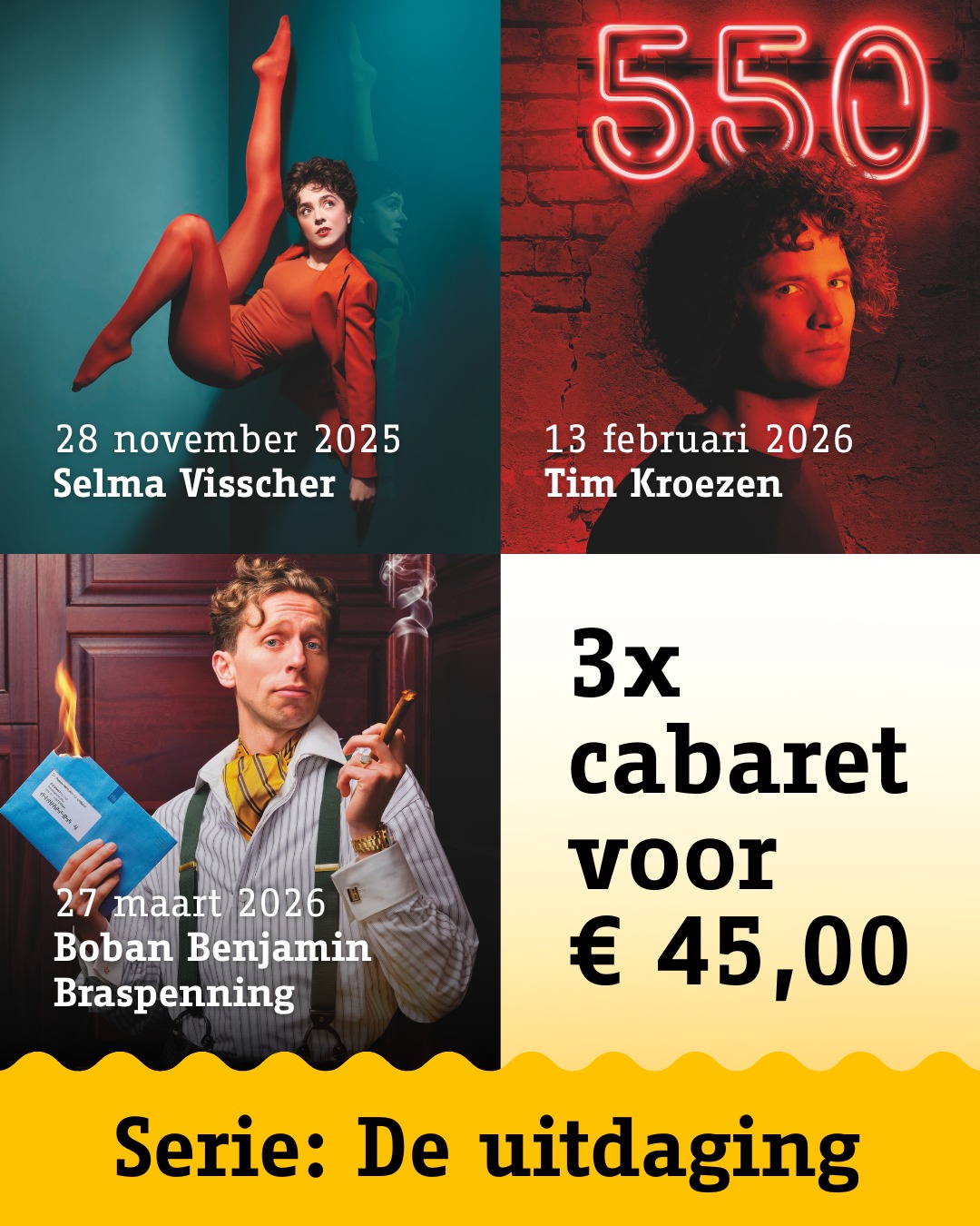 ? De Uitdaging – 3x cabaret voor €45!
Nieuw talent ontdekken? Dit is je kans!
28/11/2025: Selma Visscher
13/02/2026: Tim Kroezen
27/03/2026: Boban Benjamin Braspenning
De Uitdaging bestellen doe je via: www.theaterhofpoort.nl/programma/de-uitdaging-cabaret
? Let op: deze serie is te bestellen tot 28 november 2025… dus wees er snel bij!
Ga jij de uitdaging aan?
#cabaret #nieuwtalent #theaterplezier #DeUitdaging