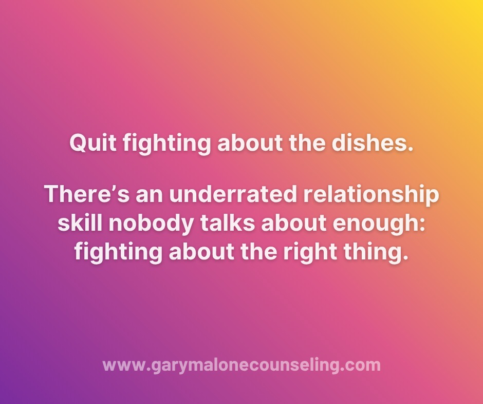 There’s an underrated relationship skill nobody talks about enough: fighting about the right thing.
Most couples don’t actually argue about what they think they’re arguing about. It’s rarely the dishes. Or money. Or who’s “doing more.” Those are just the symptoms.
The real fight is usually about something deeper...respect, value, priority. One person feels unseen, the other feels unappreciated, and both start keeping score like emotional accountants.
Suddenly the dishwasher isn’t just about plates, it’s about feeling like you’re doing life alone while your partner scrolls Instagram.
When we don’t name the real issue, we end up fighting the same battle over and over.
Different day, different dishes, same ache underneath. And here’s the kicker: you can “win” the argument and still lose the connection.
So next time things start to heat up, pause and ask yourself:
What am I really fighting for right now? To be right or to be understood?
Healthy couples don’t avoid conflict, they just get better at locating the truth underneath it. They fight with intention.
They fight for the relationship, not just in it.
Because if you keep fighting about the surface stuff, you’ll never clean up what’s actually rotting underneath.
The goal isn’t to end all conflict, it’s to get curious about it.
Curiosity keeps conversations open. It softens the ego. It reminds you that your partner isn’t the enemy; they’re your teammate trying to solve a mystery with you.
So when you’re tempted to assume or defend, take a breath.
Lean in.
Ask questions.
Listen for the truth beneath the noise.
Stay curious.
