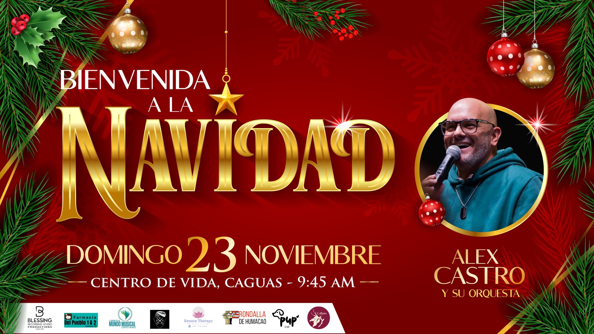 El cantante puertorriqueño Alex Castro se presentará este domingo, 23 de noviembre, en la iglesia Centro de Vida Internacional en Caguas, donde llevará su música en un evento especial que marcará la bienvenida a la Navidad. La actividad, con entrada gratuita, comenzará a las 9:45 a.m. y promete ser una mañana llena de alabanza, alegría y espíritu navideño.