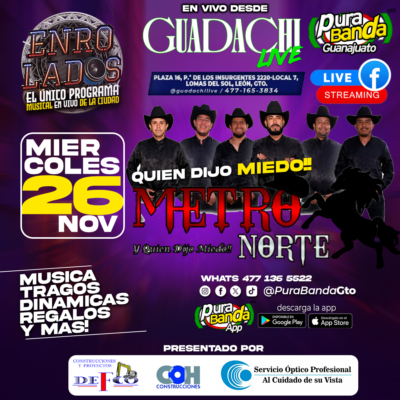Este miercoles tenemos #EnRolados con Metro Norte desde GUADACHI LIVE!
Guadachi
Plaza 16
Blvd. Insurgentes 2220
Reserva: 477 165 3834