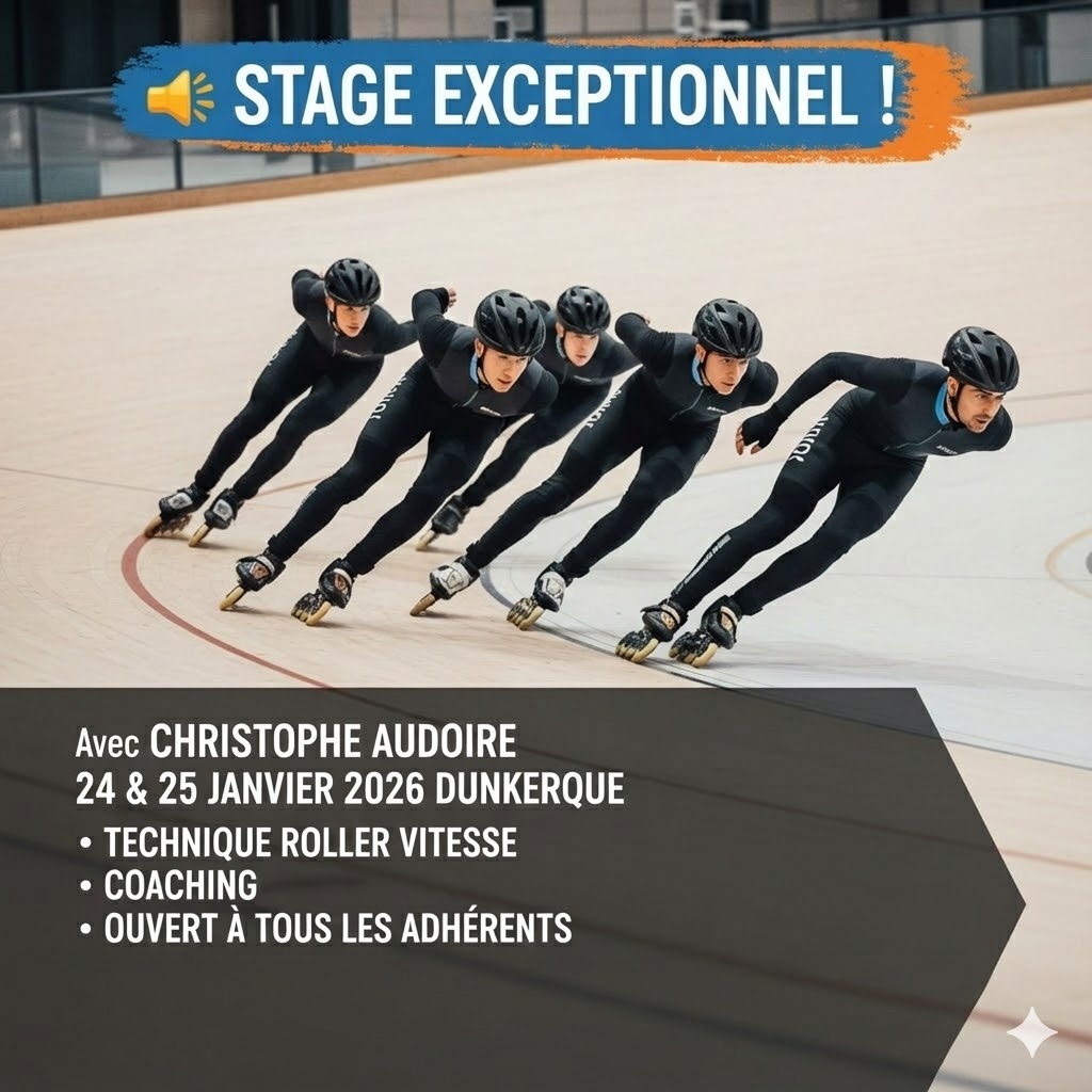 📢 STAGE EXCEPTIONNEL AVEC CHRISTOPHE AUDOIRE ! 🥳
Avis à tous les adhérents du Roller Club de Compiègne !
Grâce à nos amis du Roll’In Club de Dunkerque, nous avons le plaisir d'être invités en avant-première à un stage technique exceptionnel pour l'inauguration de leur nouvelle salle !
🌟 Le Stage
Thème : Stage technique, particulièrement orienté sur les techniques de coaching pour le roller vitesse.
Intervenant : Christophe Audoire, l'organisateur des célèbres 24h roller du Mans et coach de multiples équipes nationales ! Une opportunité incroyable d'apprendre des meilleurs.
Dates : Samedi 24 et dimanche 25 janvier 2026
Horaires : 9h00 - 12h00 / 13h00 - 16h00 (Les deux jours)
Lieu : Gymnase du Lycée de l'Europe à Dunkerque.
⚠️ IMPORTANT : PLACES LIMITÉES !
Ce stage est ouvert à tous les adhérents du Roller Club de Compiègne qui souhaitent y participer.
ATTENTION : Le nombre de participants est limité à 30 personnes maximum sur l'ensemble des clubs invités. L'information vient de tomber, et les places vont partir très vite !
👉 Si vous êtes intéressé(e), merci de vous manifester au plus vite par ici, par mail ou les lundis.