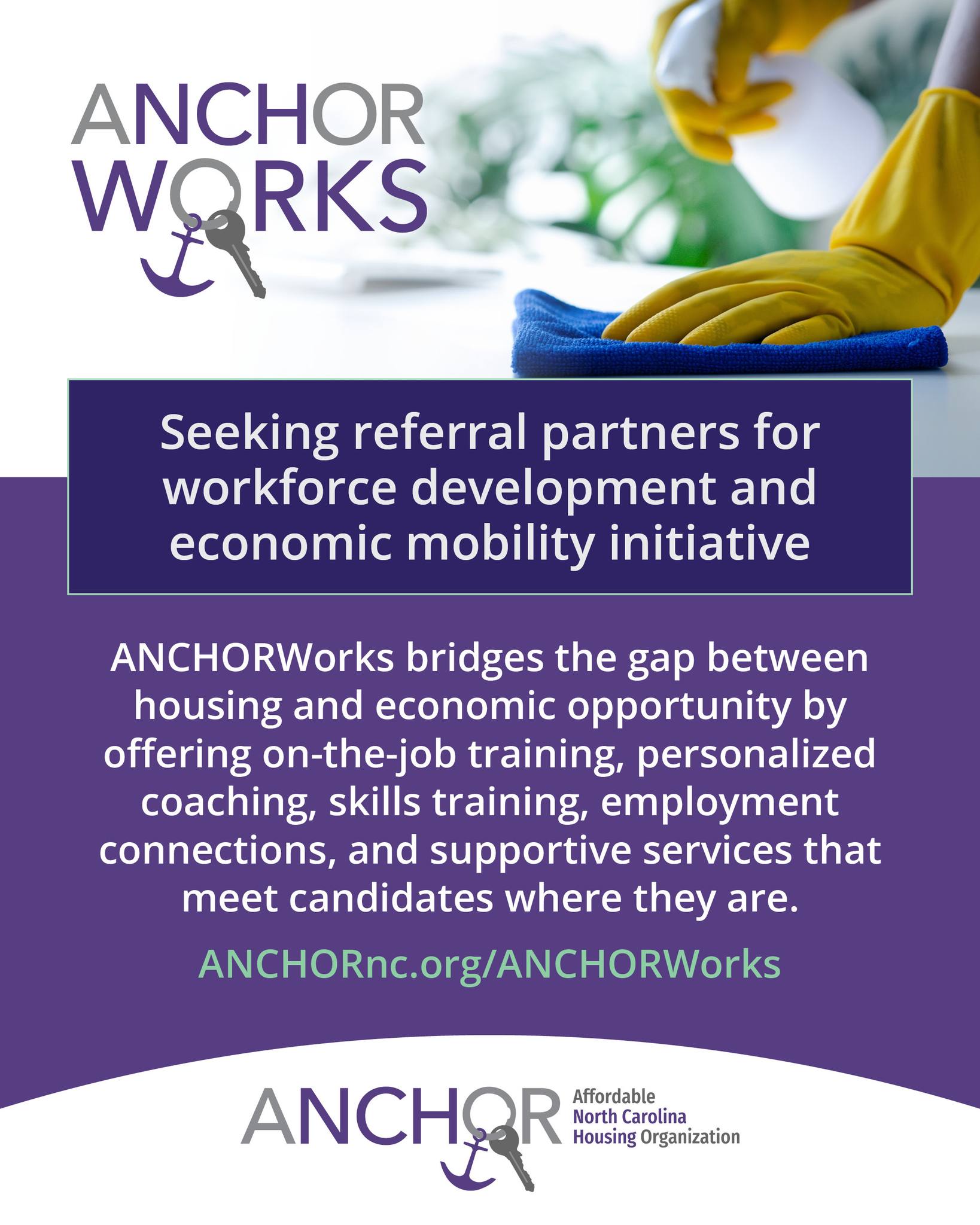 #PartnerWithUs 🤝 We’re seeking referral partners to join our #workforce development and economic mobility initiative.
ANCHORWorks bridges the gap between #housing 🏠 and economic opportunity 💼 by offering on-the-job training, personalized coaching, skills development, employment connections, and supportive services tailored to each candidate.
📣 Get Involved: We’re looking for #employers, training partners, #community #organizations, and #volunteers to support participants. Whether you hire, provide services, or want to strengthen local communities, there’s a place for you.
🌐 Learn more: ANCHORnc.org/ANCHORWorks