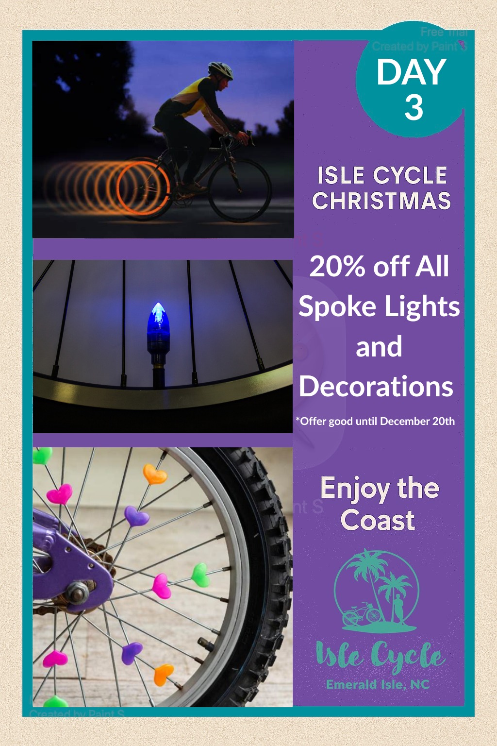 🌈 Day 3: Make your bike the brightest thing on Emerald Isle.
All spoke lights & decorations are 20% off!
Fun for kids, fun for adults, fun for anyone who likes… fun.
#IsleCycle #EmeraldIsleNC #CrystalCoast #BikeShop #12DaysofChristmas #ShopSmall #CoastalChristmas