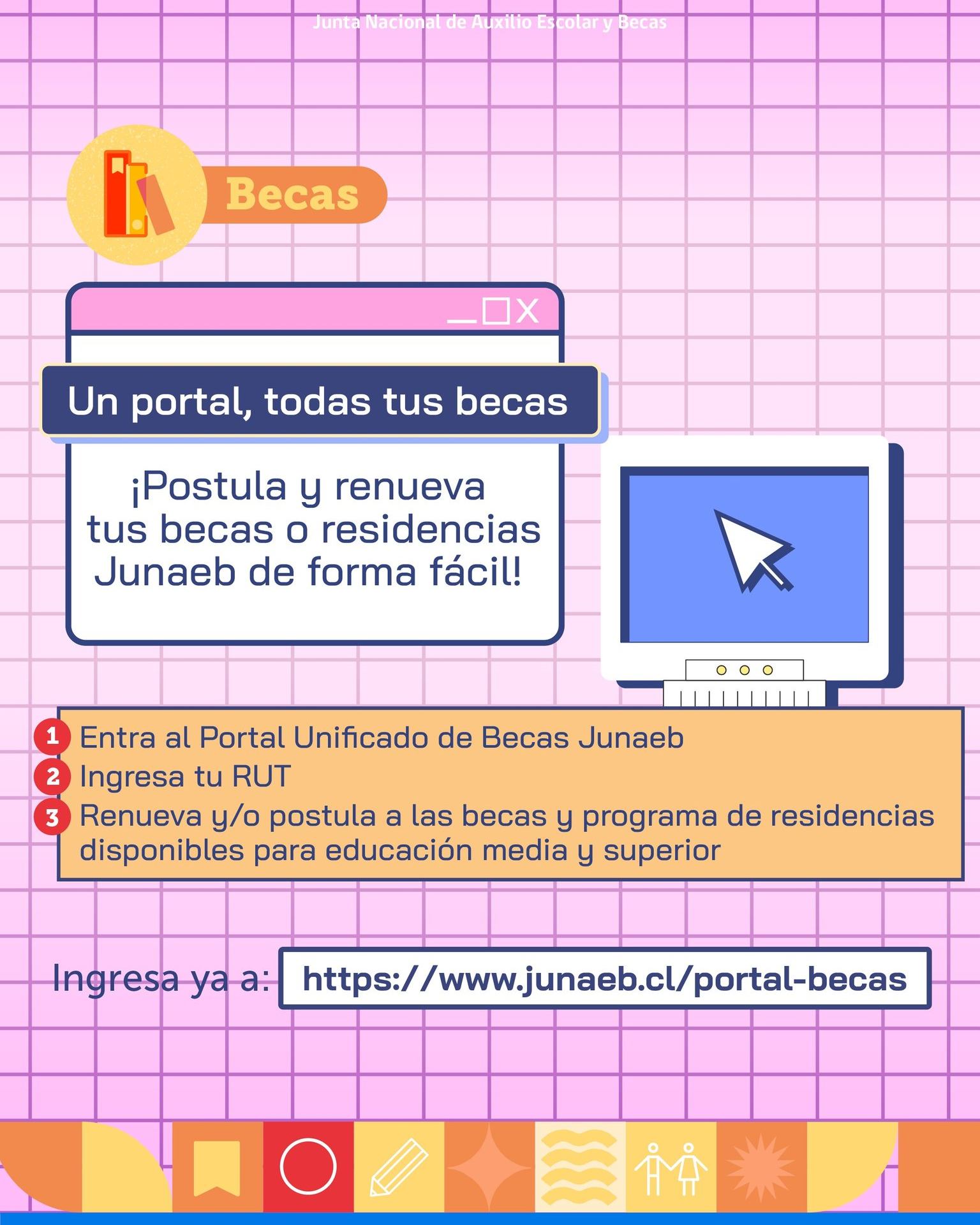 𝗣𝗢𝗦𝗧𝗨𝗟𝗔𝗖𝗜Ó𝗡 𝗬 𝗥𝗘𝗡𝗢𝗩𝗔𝗖𝗜Ó𝗡 𝗗𝗘 𝗕𝗘𝗖𝗔𝗦 𝗝𝗨𝗡𝗔𝗘𝗕 𝟮𝟬𝟮𝟲.
Estimada comunidad, damos a conocer información relevante para postular y renovar Becas Junaeb. Asimismo se informa que el proceso de acceso por primera vez a la beca Presidente de la República (BPR) tendrá un plazo distinto, que será informado por Junaeb dentro de 2026.