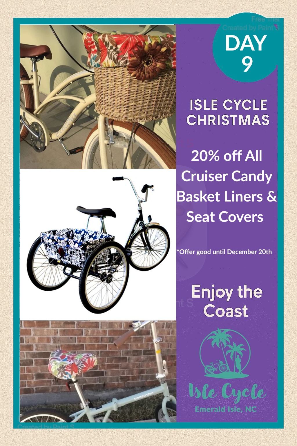 🧺 Day 9: Cozy up your cruiser.
All basket liners & seat covers are 20% off.
Beachy colors, soft fabrics, total vibe.
#IsleCycle #EmeraldIsleNC #CrystalCoast #BikeShop #12DaysofChristmas #ShopSmall #CoastalChristmas