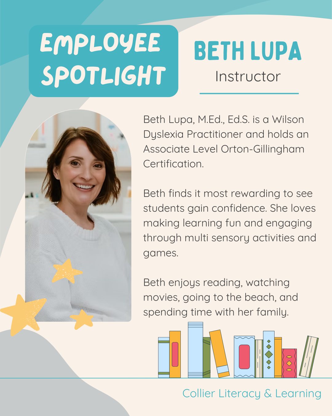 Beth has been with us from almost the beginning and we are grateful for her every day! She has a talent for making learning fun and engaging through multi sensory activities and games that encourage students to participate.
Before Collier Literacy, Beth's education includes a Ed.S. Degree in Reading from Gordon College, M.Ed. Degree in Reading and Language Acquisition from UMass Lowell, and a B.S. Degree in Early Childhood Education from Salem State University. She taught for 12 years as a classroom teacher in kindergarten, first, and second grade. She then taught as a title one reading and specialized reading teacher for 4 years, and has worked as as a special education inclusion teacher for 3 years.
We love having her on our team where she enjoys making an impact on students lives and watching them grow. Thank you Beth!