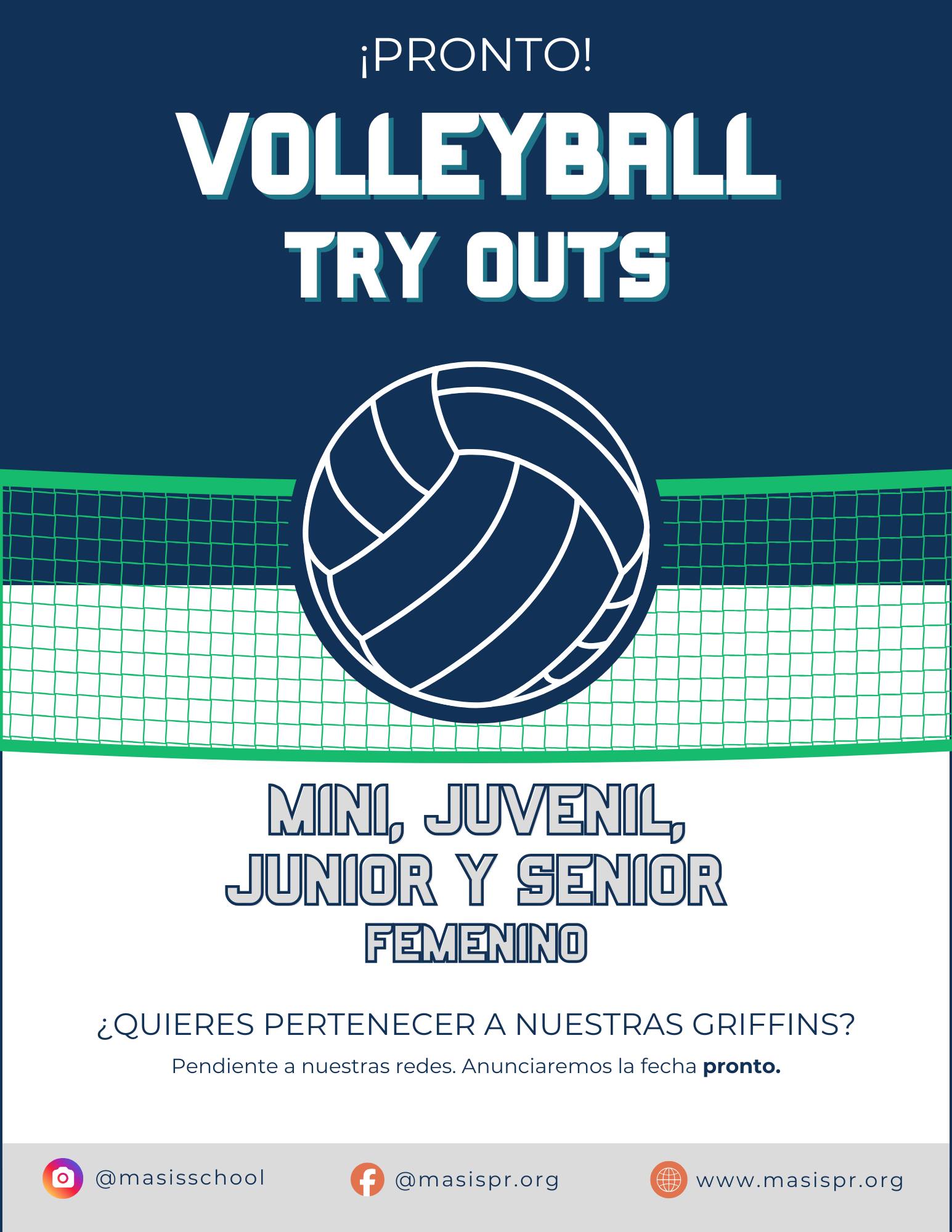 ¡Atención, futuras Griffins! 🏐💚
Los try outs de Volleyball Femenino están llegando pronto para las categorías Mini, Juvenil, Junior y Senior.
Si quieres formar parte de The Green Machine, pendiente a nuestras redes — muy pronto anunciaremos la fecha. 👀⚡️
#MASIS #Volleyball #MASISVolleyball #Griffins #ProudToBeMASIS #TheGreenMachine #StudentAthletes #MiniJuvenilJuniorSenior #GirlsVolleyball #TryOutsMASIS #Añasco #PuertoRico