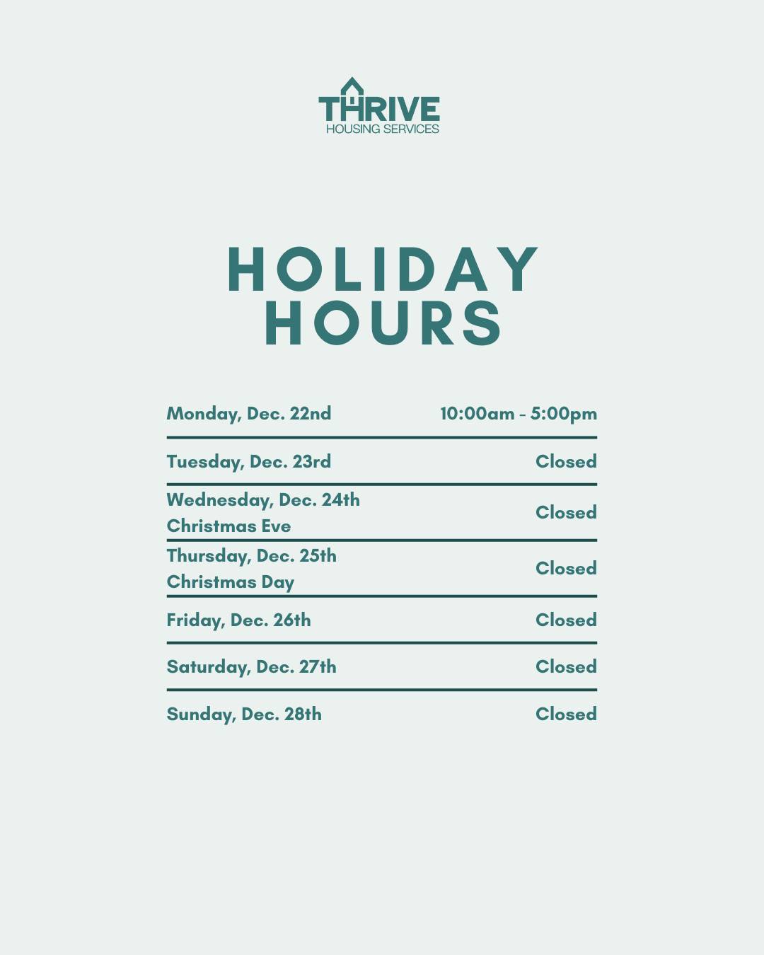 Our offices will be closed Dec. 23rd - 28th for the Christmas holiday. Normal business hours will resume on Dec. 29th. Thank you for understanding and enjoy your holiday.
#HolidayBusinessHours #HolidaySchedule #HoursOfOperation