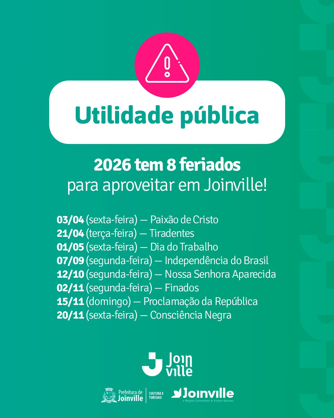 Se em 2025 quase não tivemos feriados, 2026 chega para compensar e muito! Teremos dias de folga em quase todos os meses do ano, e não existe jeito melhor de aproveitar esse tempo livre do que viajando, não é mesmo? E, claro, se o destino for Joinville, a experiência fica ainda melhor!
Visitar Joinville nos feriados é ter a certeza de viver momentos únicos, seja se aventurando em trilhas, cachoeiras e passeios ao ar livre, seja desacelerando em espaços culturais, museus, parques ou nas encantadoras rotas rurais.
A cidade combina natureza, cultura, gastronomia e muitas opções de hospedagens, perfeita tanto para quem quer curtir com a família quanto para quem busca uma viagem mais tranquila.
E aí, em qual feriado você pretende conhecer ou revisitar Joinville em 2026? Conta aqui nos comentários! ?
#VisiteJoinville #Joinville #TurismoJoinville #CidadedeJoinville #CidadedeExperiencia #MinhaJoinville