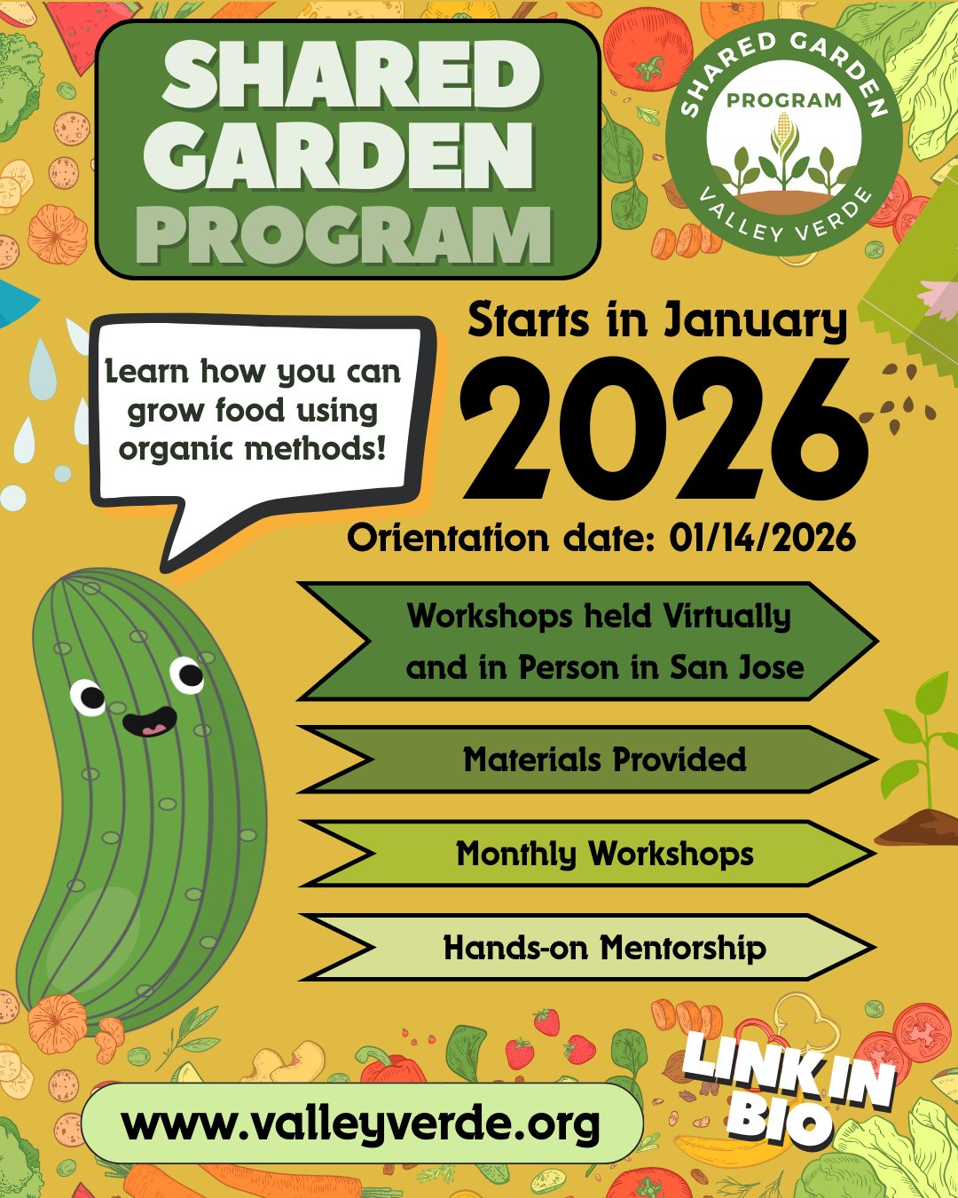 🌱 Join Our Shared Garden Program! 🌿
Learn the basics of organic gardening and grow your skills with us! The program runs from January to November, with workshops held once a month.
Materials to start your own garden bed at home are provided for families who meet the household income requirements.
Orientation Date: January 14, 2026
Sign Up Today! We look forward to growing with you!
#OrganicGardening #GrowTogether #CommunityGarden #FamilyProgram #SustainableLiving #GardenWorkshops #LearnToGrow