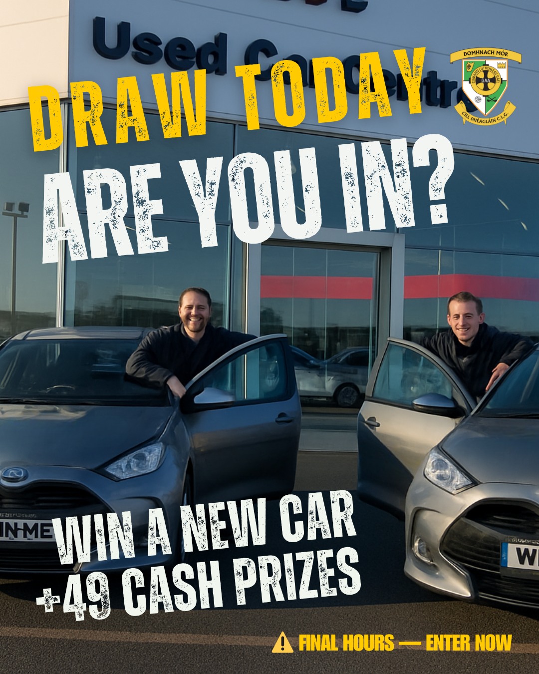 🚨 FINAL CALL – DRAW TONIGHT 🚨
This is it. Tonight at 10PM, one lucky ticket holder will drive away in a brand-new Toyota Hybrid Electric, along with 49 cash prize winners being announced live. 🚗💚🤍
🎟️ Online ticket sales close at 8PM sharp — just hours left to get involved.
📺 The draw will be live streamed on our Facebook page and everyone is welcome to tune in or attend.
From everyone at Donaghmore Ashbourne GAA, thank you to every person who bought a ticket, sold a ticket, shared a post, or supported the draw in any way. Your support makes a real difference to our players, facilities, and wider community — and we are hugely grateful. 💚🤍
🍀 Best of luck to all entrants — see you live at 10PM!
👉 Enter now before 8PM: https://donashdraw.ie