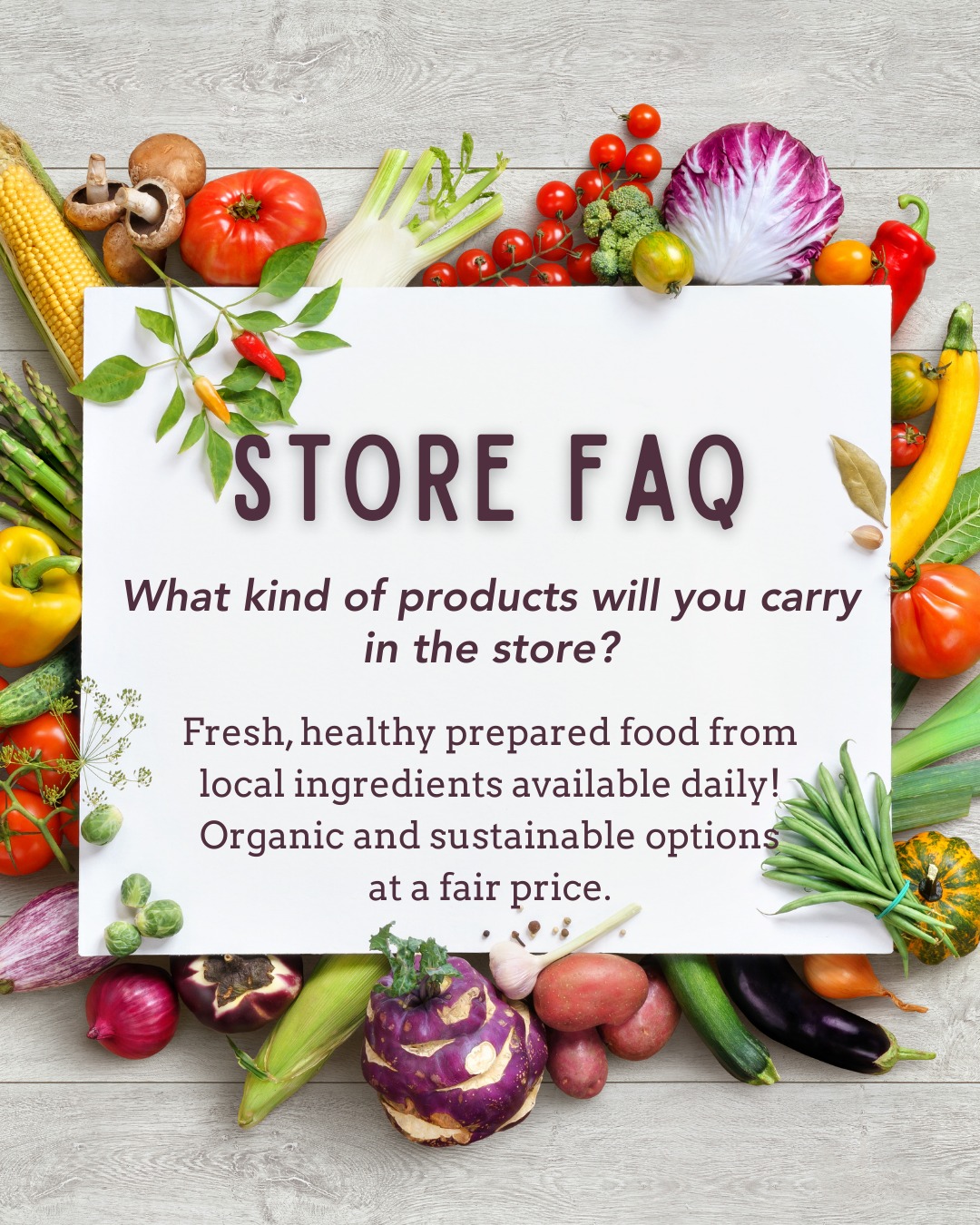 What Kind of Products Will We Carry? 🌱 🤝🍃
Get ready for fresh, healthy prepared foods made with locally sourced ingredients — available daily! You can also expect organic and sustainable options, all offered at a fair price.
The Co-op is committed to bringing our community quality you can trust and food that supports local farmers and producers.