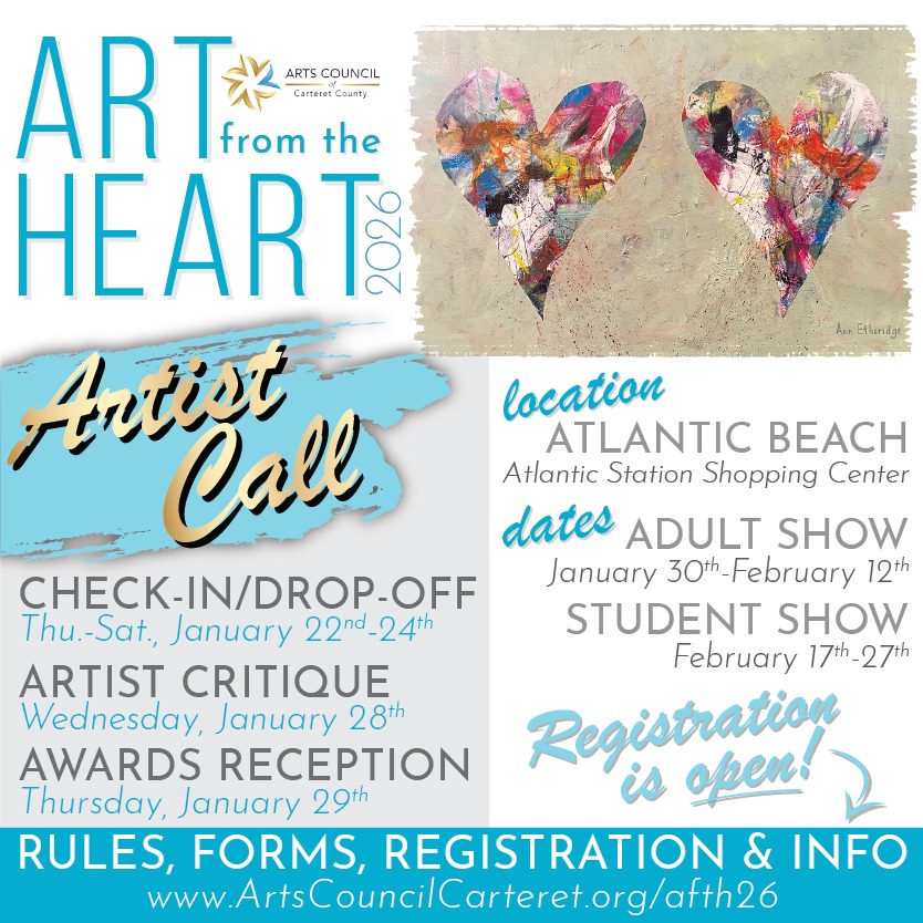 🧑🎨 ARTISTS - ARE YOU REGISTERED?! Our 36th Annual Art from the Heart 2026 is almost here! The show will be held at Atlantic Station in Atlantic Beach again this year, kicking off January 30 ❤️🫶
🖥️ Registration form, payment, rules & regulations, and important dates are all online at ArtsCouncilCarteret.org/afth26
🗓️ Artist check-in and drop-off is NEXT WEEK: Thursday-Saturday, January 22-24
*Who: Artists throughout our area
*What: Art from the Heart 2026 Show
*When: Show runs January 30-February 27
*Where: 1010 W Fort Macon Rd. Atlantic Station (next to Dollar Tree) in Atlantic Beach
*Sign-up/More Info: ArtsCouncilCarteret.org/afth26
#artscouncilcarteretcounty #artfromtheheart #artshow #carteretcountyarts #artaroundtown #artistcall #artexhibit #artshowcase