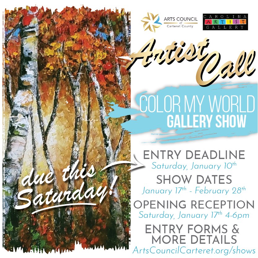 ARTIST REMINDER! 🧑🎨 Our gallery is back open, and we are currently accepting entries for our first GALLERY SHOW of 2026 - "Color My World" 🎨
Color is the gift of the natural world we see around us every day. Color gives us countless ways to express ourselves in art. We can use colors as we see them represented by the wonders of nature, or we can completely interpret color in our own personal way to create works of art that are unique and personal to us.
*Featured show theme painting by Maria Morando 🖼️
Entries: Accepted now through Saturday, Jan. 10
Show Open: Jan. 17 - Feb 28 during Gallery Hours
Opening Reception: Saturday, January 17th, 4-6pm (All are welcome!)
Registration and More Info: ArtsCouncilCarteret.org/shows
#artscouncil #artistcall #artopportunities #carteretcountyarts #crystalcoast #artshow #galleryshow