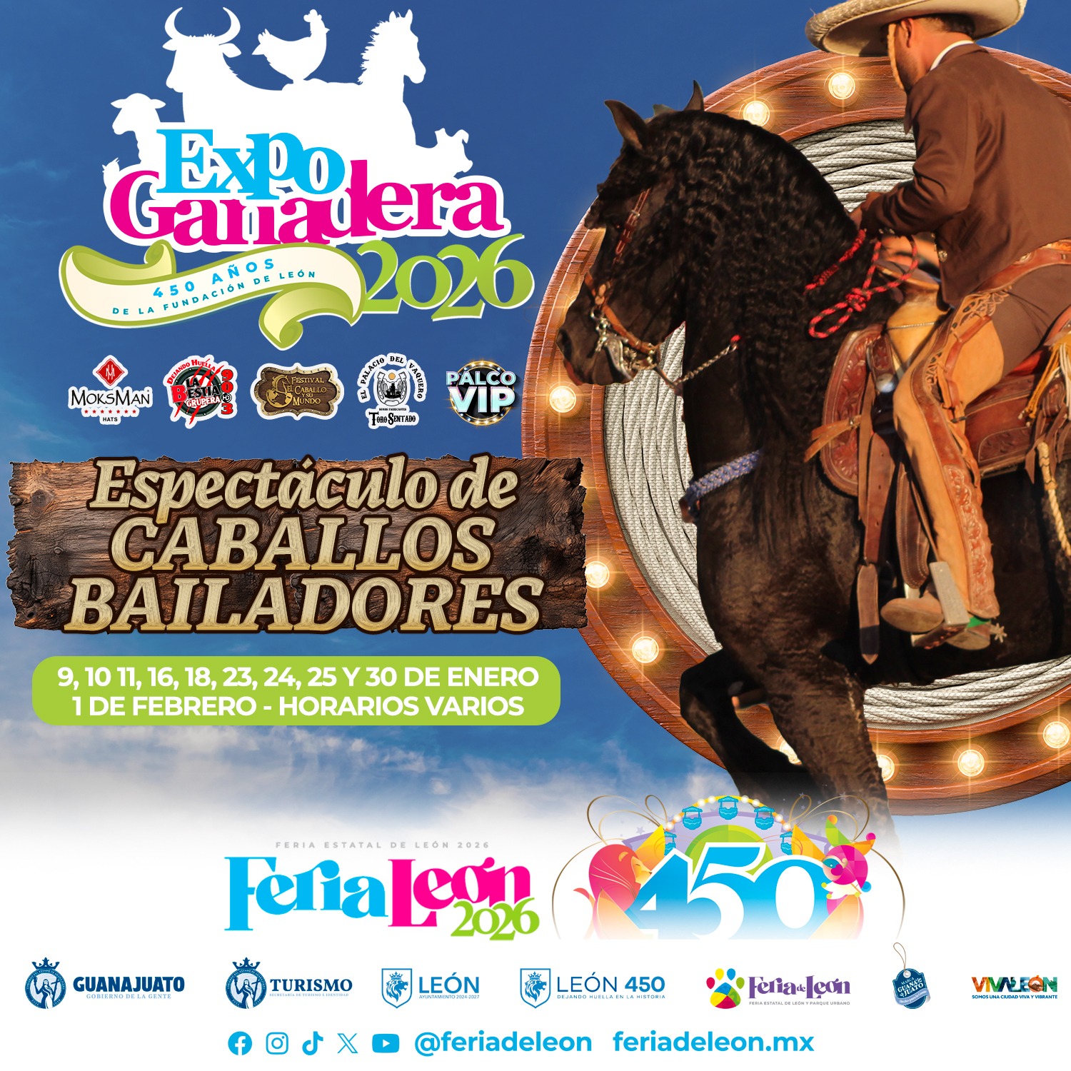 𝐄𝐒𝐏𝐄𝐂𝐓𝐀́𝐂𝐔𝐋𝐎 𝐃𝐄 𝐂𝐀𝐁𝐀𝐋𝐋𝐎𝐒 𝐁𝐀𝐈𝐋𝐀𝐃𝐎𝐑𝐄𝐒 𝐄𝐍 𝐋𝐀 𝐄𝐗𝐏𝐎 𝐆𝐀𝐍𝐀𝐃𝐄𝐑𝐀 𝟐𝟎𝟐𝟔 🐎🐴
Disfruta con toda la familia de la #ExpoGanadera2026 dentro de la Feria Estatal de León 🎡🦁 ¿Te lo perderás?
#FeriadeLeón2026 #FeriadeLeón450 #FEL26