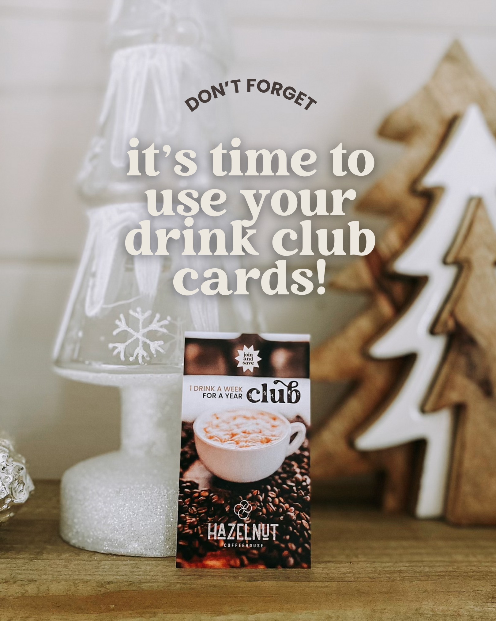 🌟 Reminder: Use your Drinks for a Year Club card this week! 🌟
Stop in to grab your favorite drink and make the most of those delicious sips.
We can’t wait to see you at Hazelnut Coffeehouse! ☕️✨