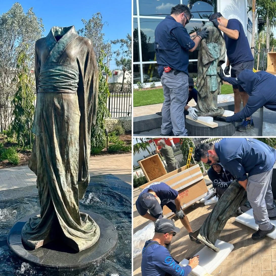 Reposting with gratitude from @uovo.art, with photos by @denarigby at @wpbt2:
"Karen LaMonte’s 'Floating World' series elaborates upon the notion of a 'social skin' by incorporating the cultural specificity of Japan and the material connotations of glass, ceramic, bronze, and rusted iron. Each material — ceramic, bronze, iron, glass — records the details of the fabrics differently. In these images, our team can be seen installing 'Hanako,' a 48-inch tall bronze sculpture created in 2012 as part of LaMonte’s 'Floating World' series."