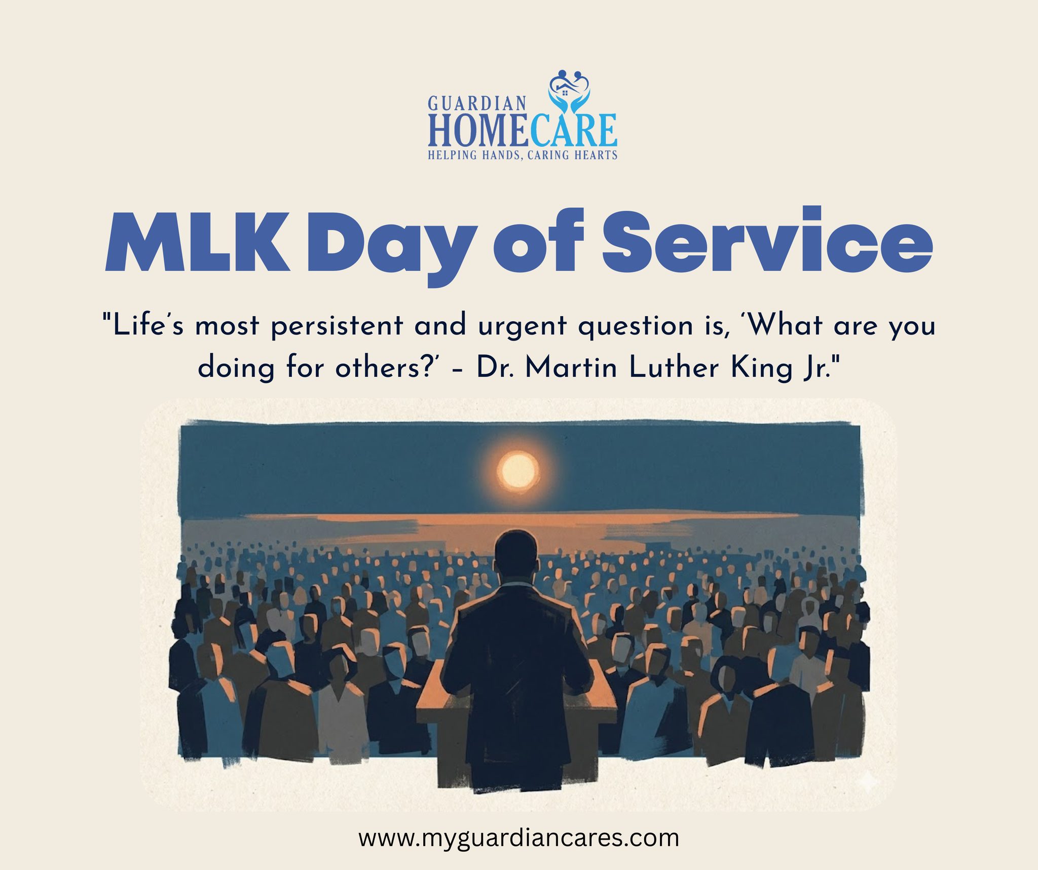 Today, we honor the legacy of Dr. Martin Luther King Jr. by continuing his mission of service, compassion, and love for others. At Guardian Home Care, we believe that caring for one another is one of the greatest ways we can make a difference. 💙
#MLKDay #DayOfService #GuardianHomeCare #CompassionInAction #ServingWithLove